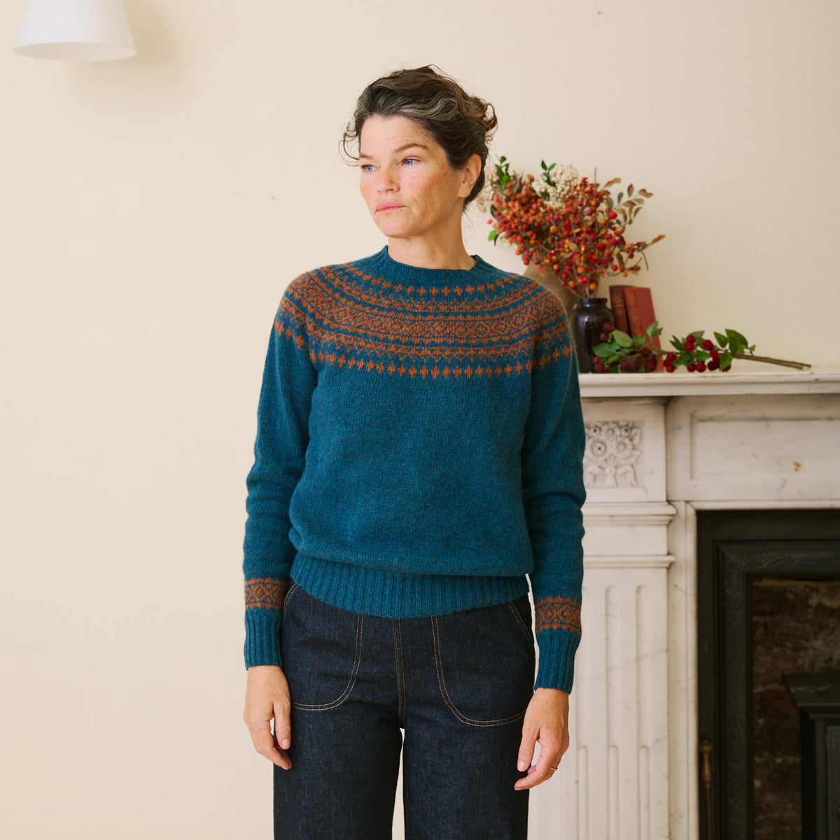 Traditional Scottish Fair Isle Yoke Jumper - Dark Teal & Sienna