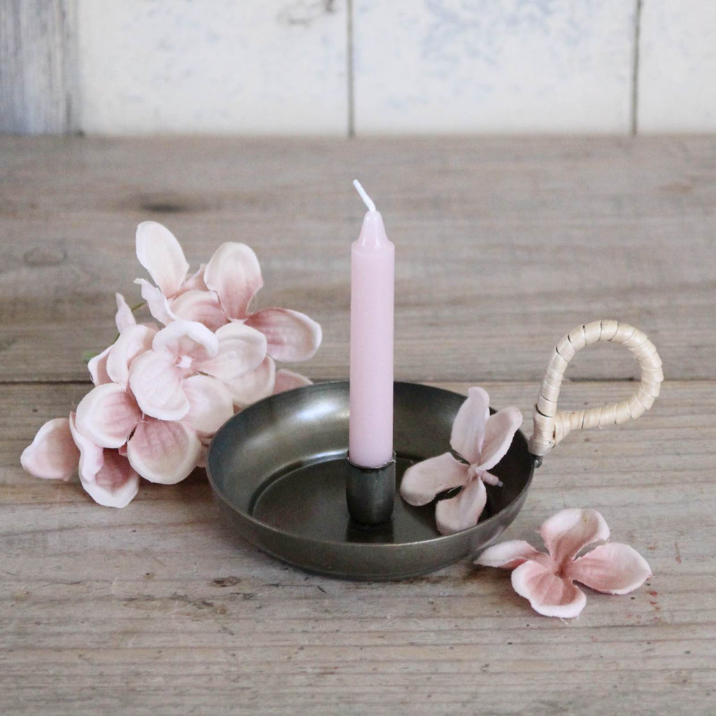 Pink candle brass taper candle holder bamboo