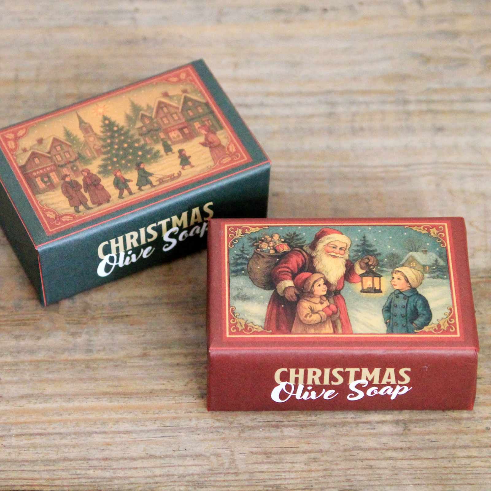 Olive Soap with Christmas scene wrapping. A perfect stocking filler!