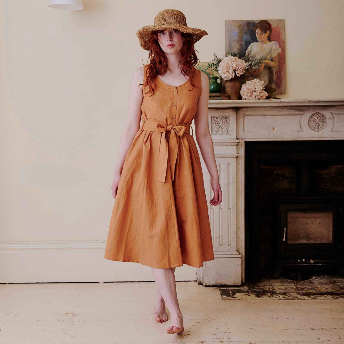 cotton blend sun dresses CHUMUD Summer Dresses for Women Cotton Blend Midi Dress, Round Neck 3/4  Ruffle Sleeve Dress with Hollow Out Details, Casual Loose Fit Empire Waist