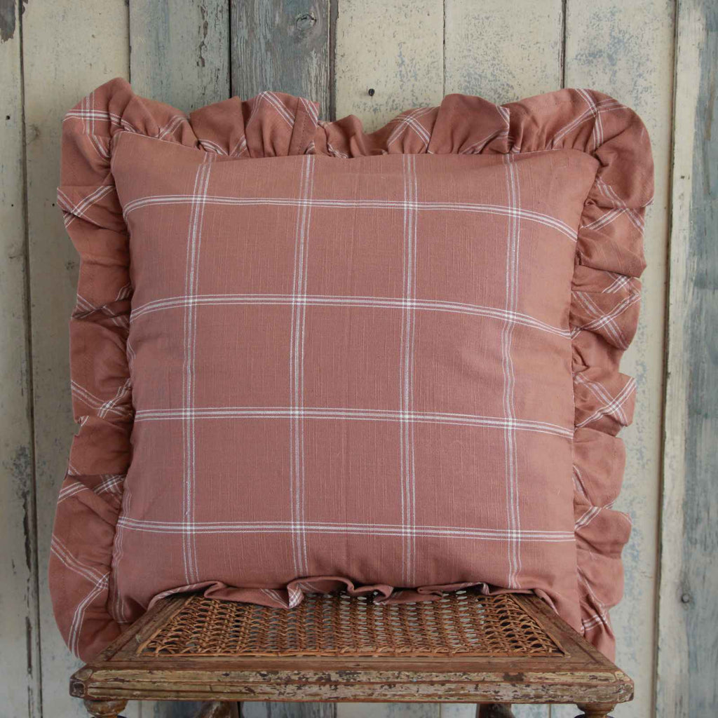 Check Cushion with Frill - Clay