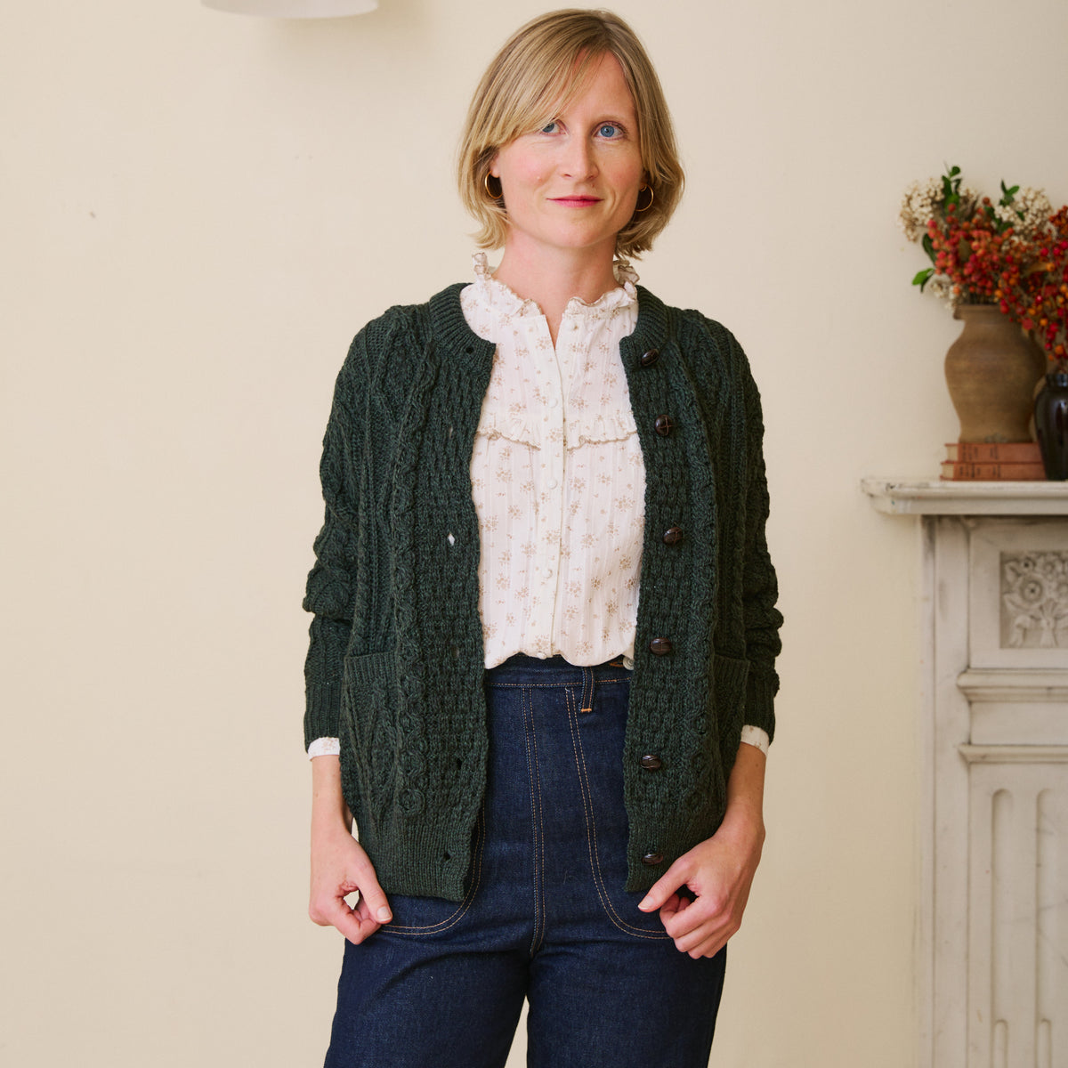 Traditional Aran Cardigan in Seaweed Green
