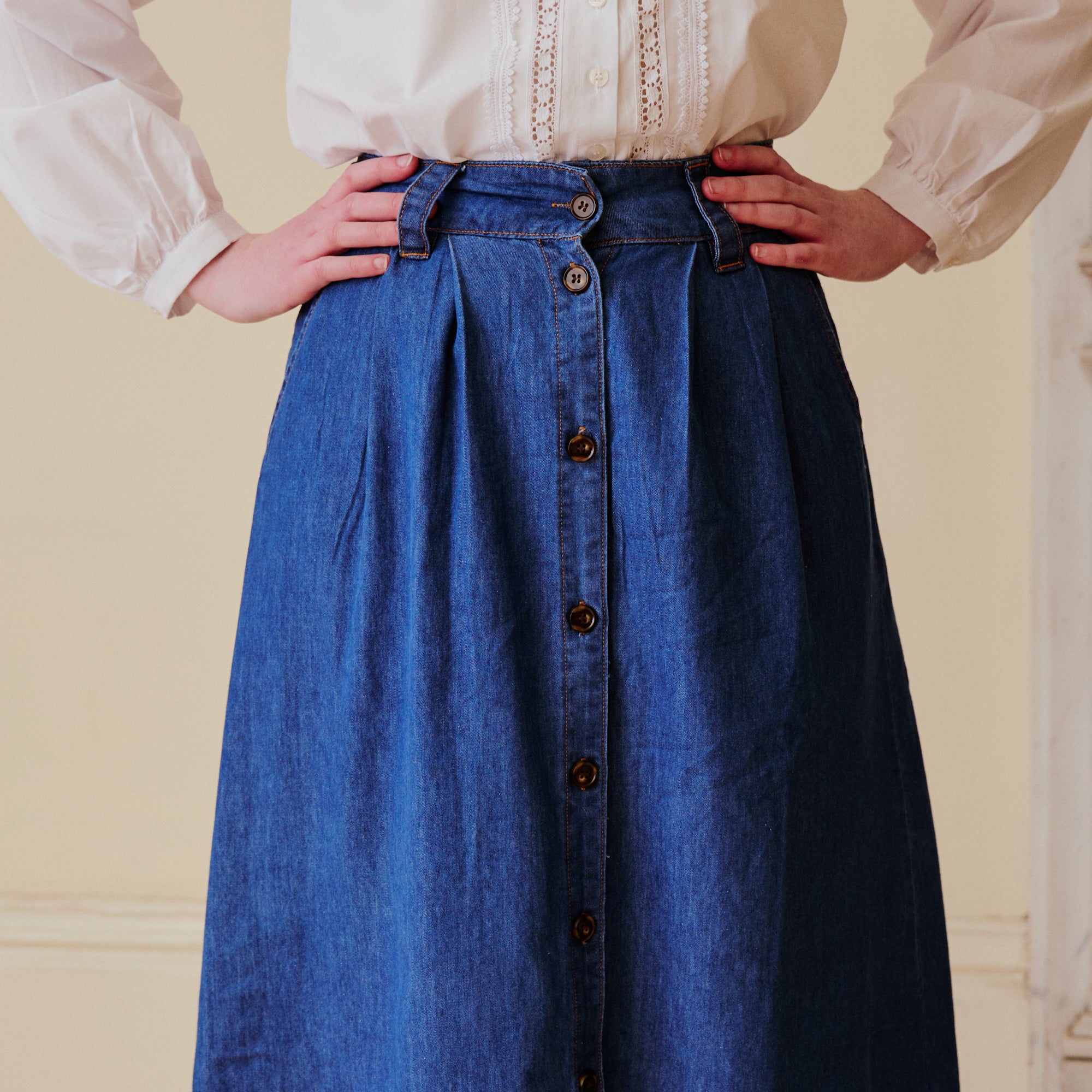 Denim Button Front Skirt with belt loops