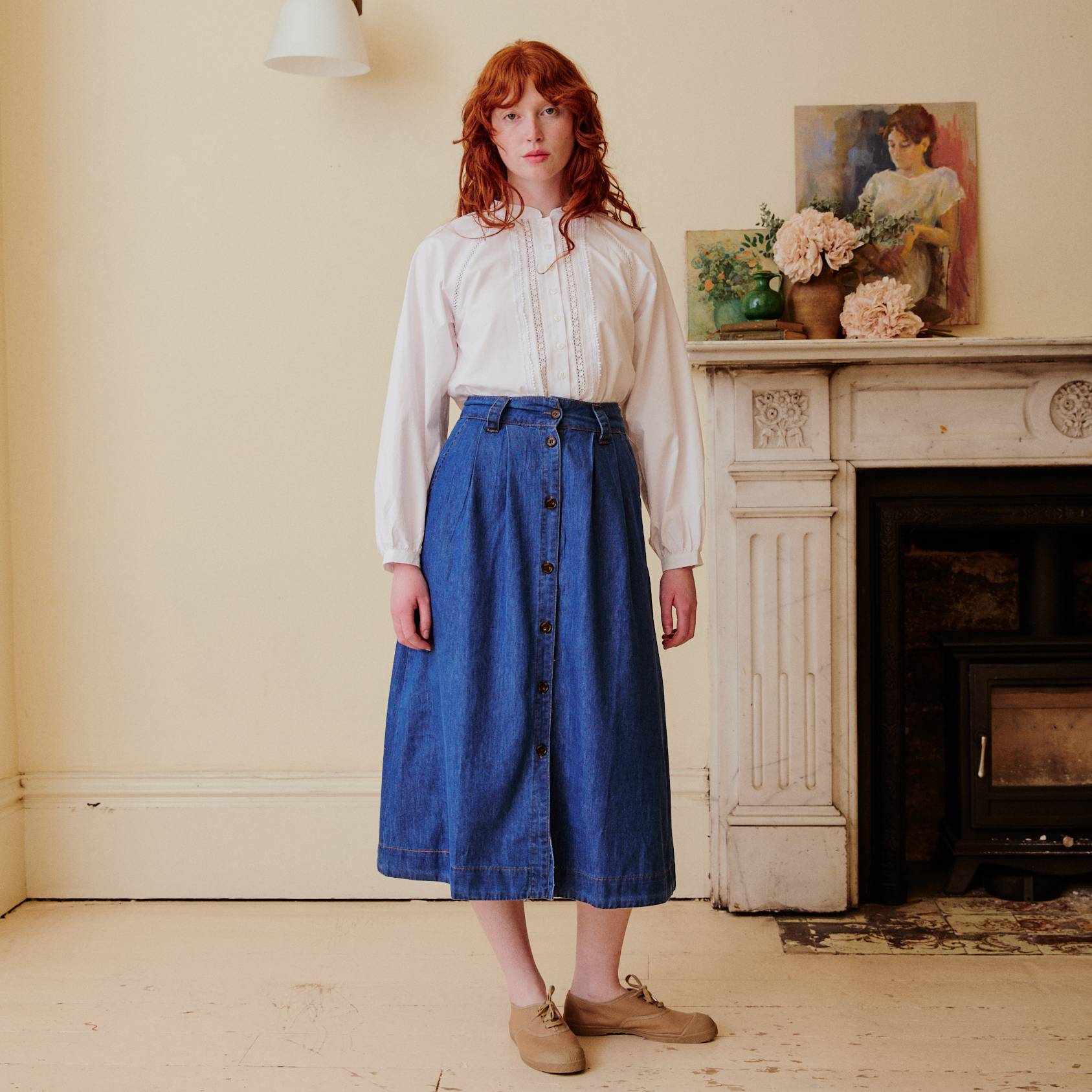 White lace trim blouse with Denim Button Front Skirt