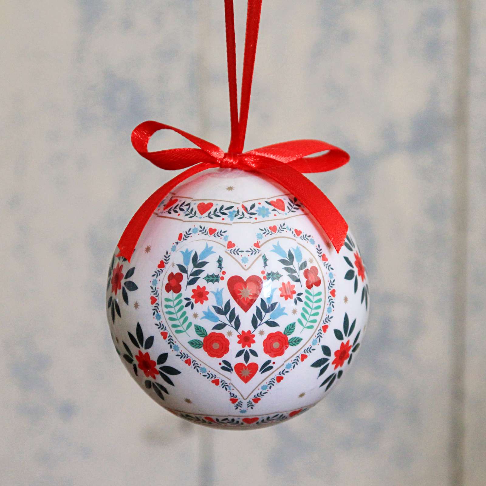 Floral Folk Bauble with Red Bow