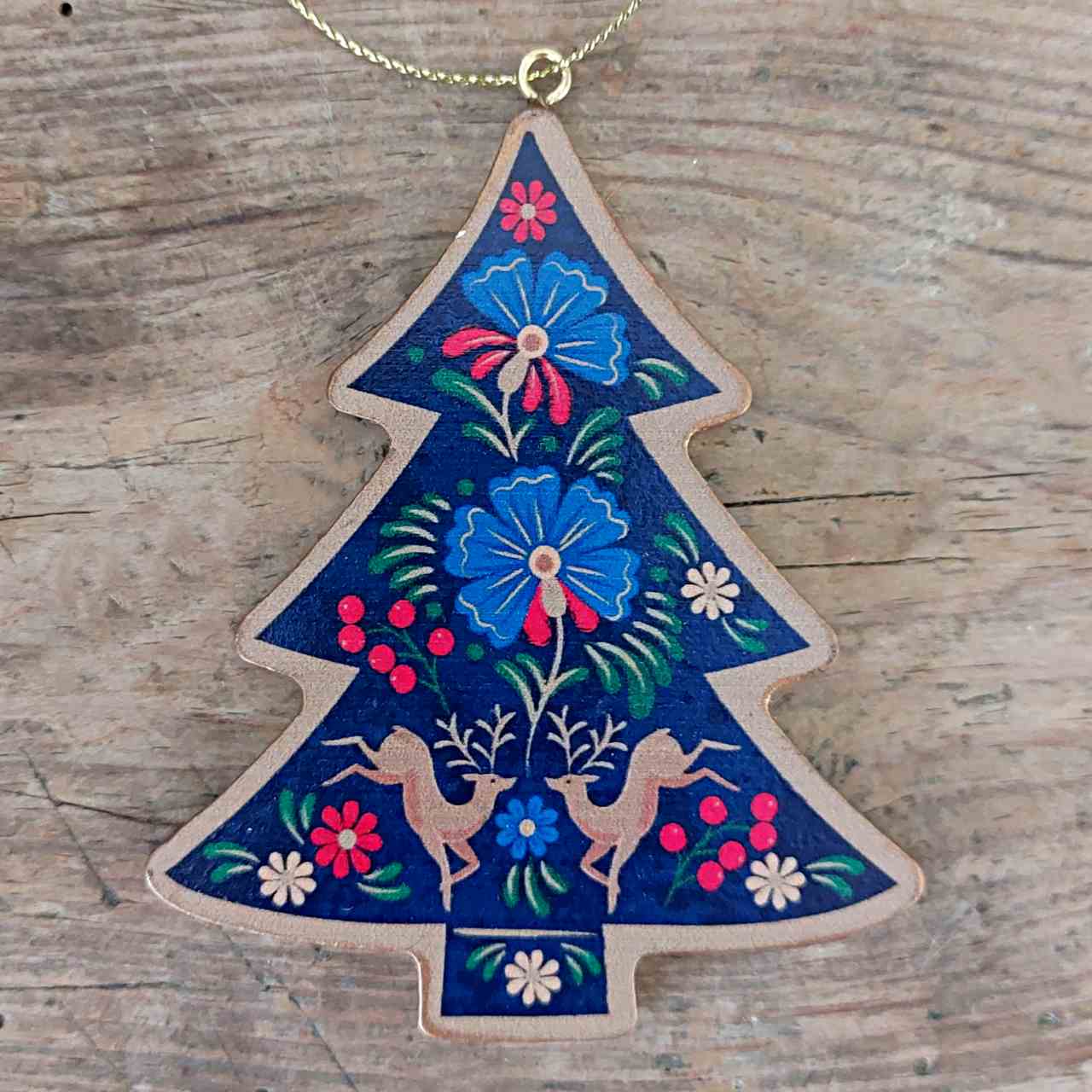 Floral Folk Wooden Blue Christmas Tree Decoration