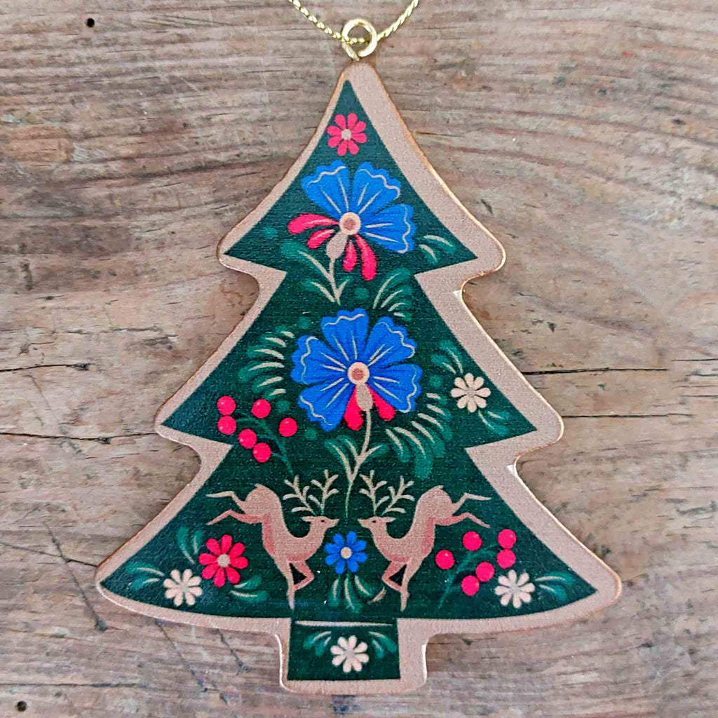 Floral Folk Wooden Green Christmas Tree Decoration