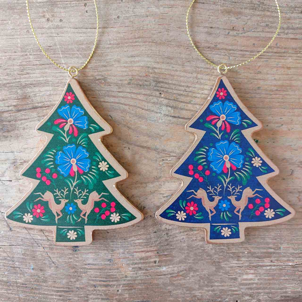 Floral Folk Wooden Vintage Christmas Tree Decorations