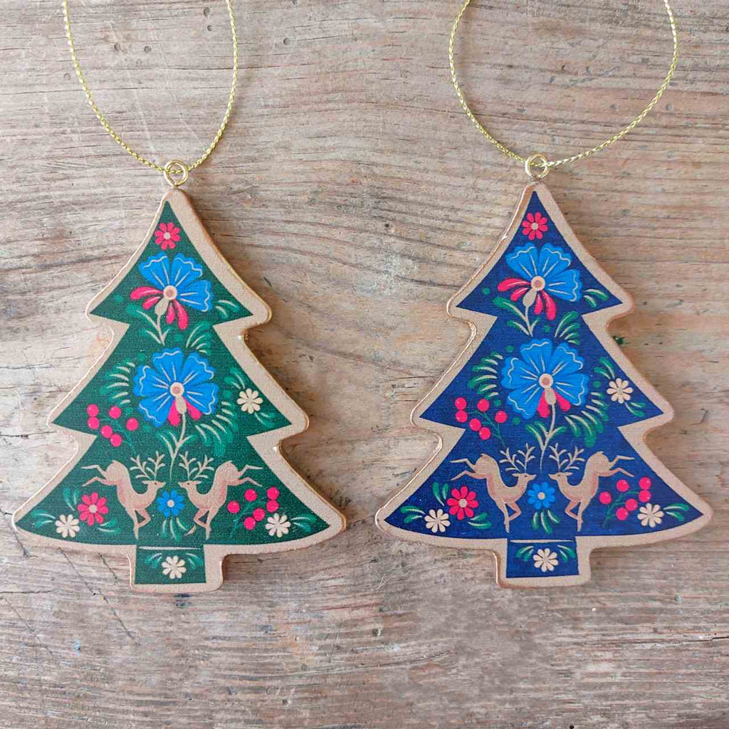 Floral Folk Wooden Vintage Christmas Tree Decorations