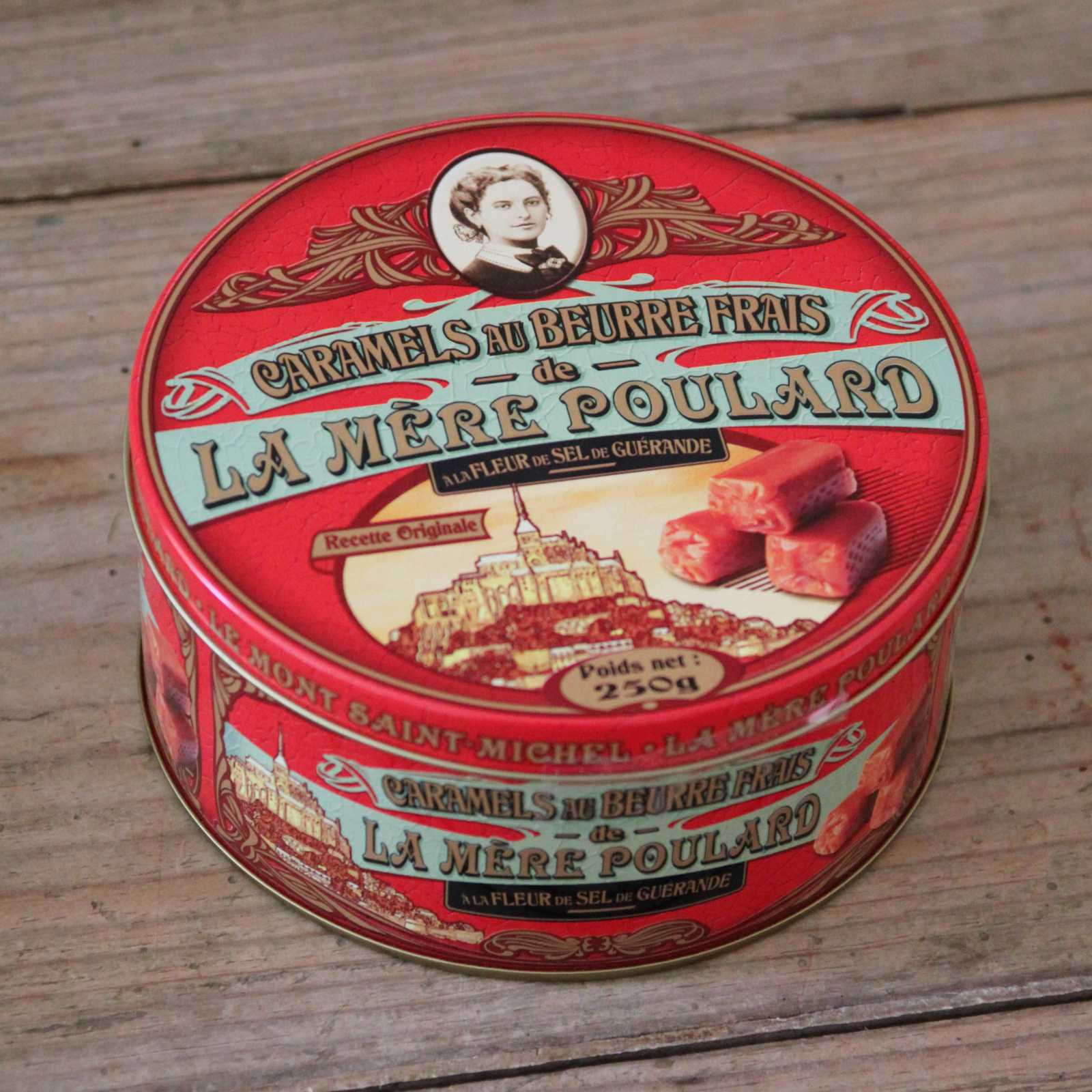 Tin of Salted Caramels A beautiful French tin containing individually wrapped caramel made with butter and fleur de sel. A lovely gift.