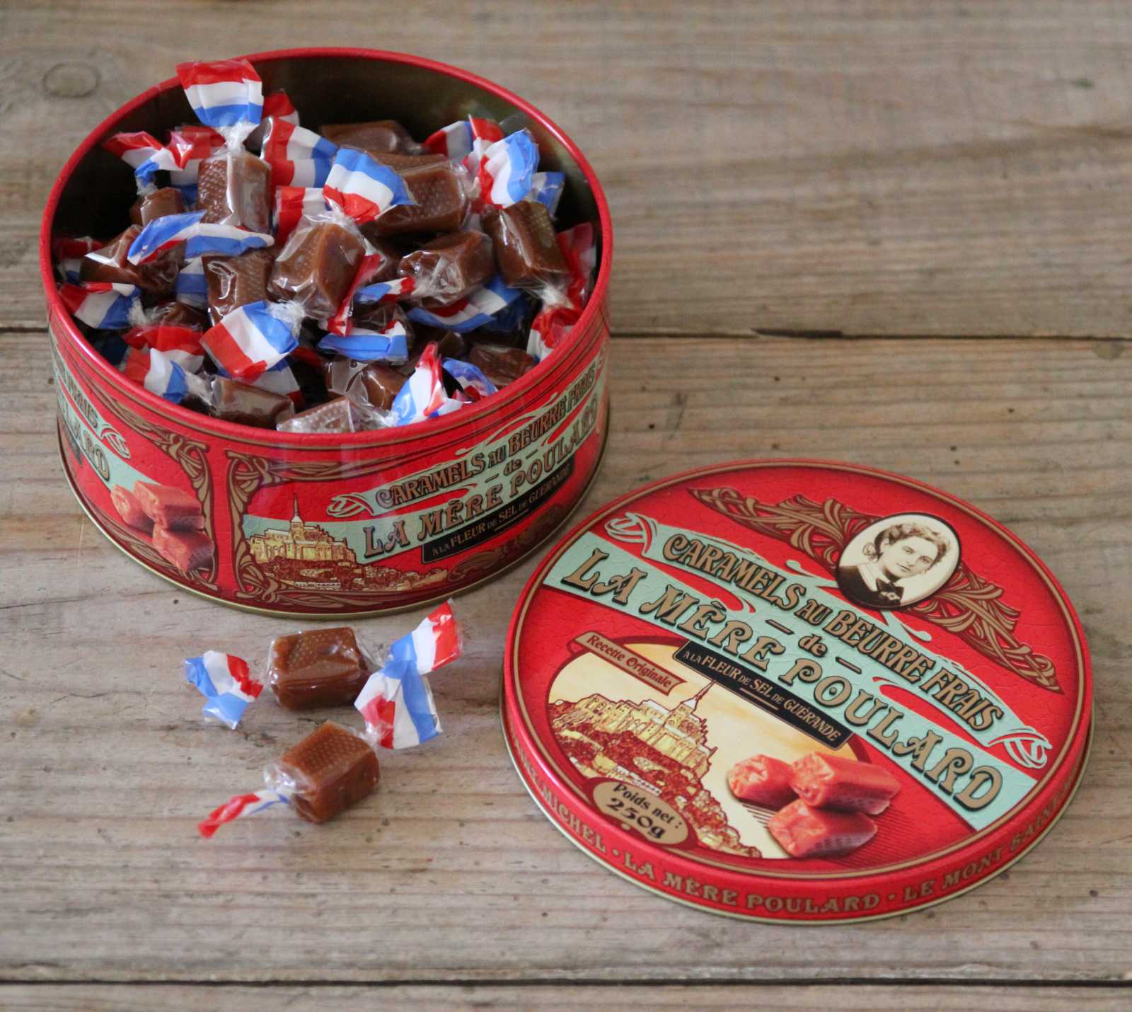 Tin of Salted Caramels A beautiful French tin containing individually wrapped caramel made with butter and fleur de sel. A lovely gift.