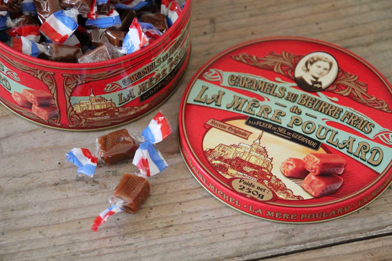 Tin of Salted Caramels A beautiful French tin containing individually wrapped caramel made with butter and fleur de sel. A lovely gift.