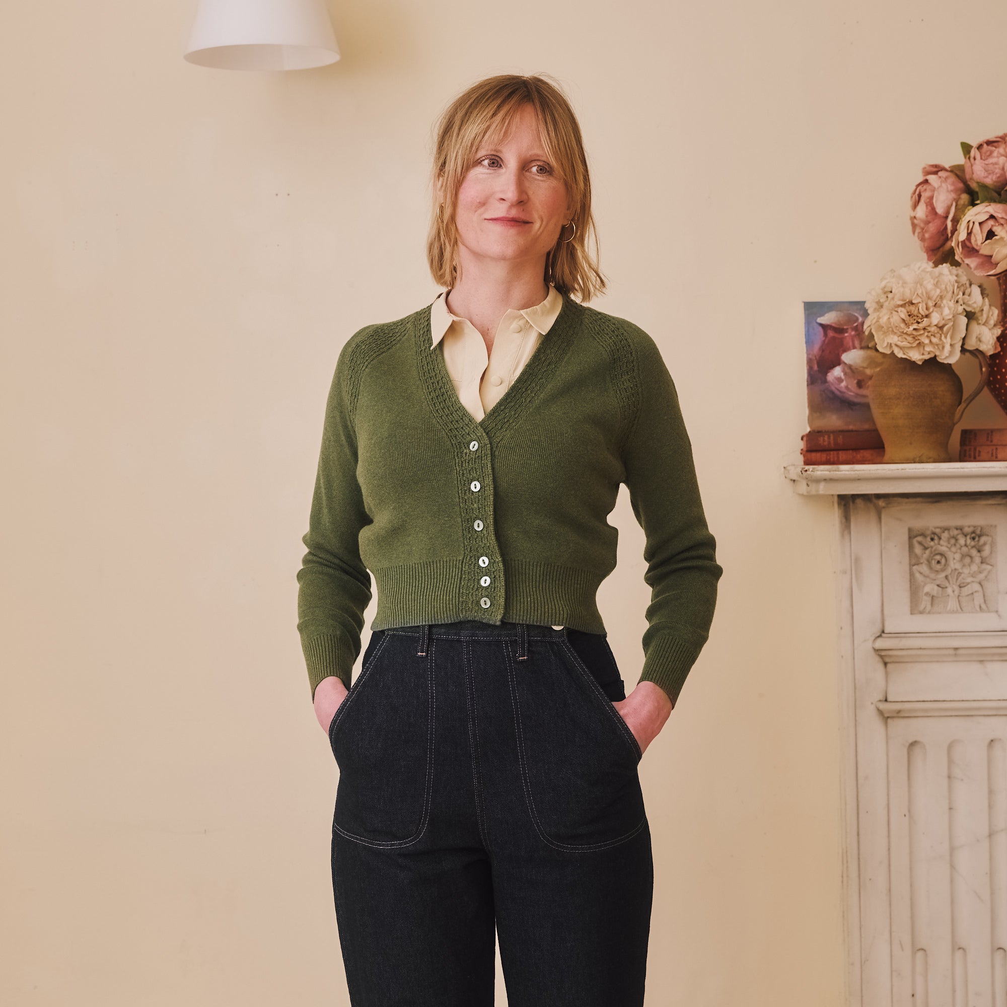 Cotton & Merino Cropped Cardigan - Olive Green