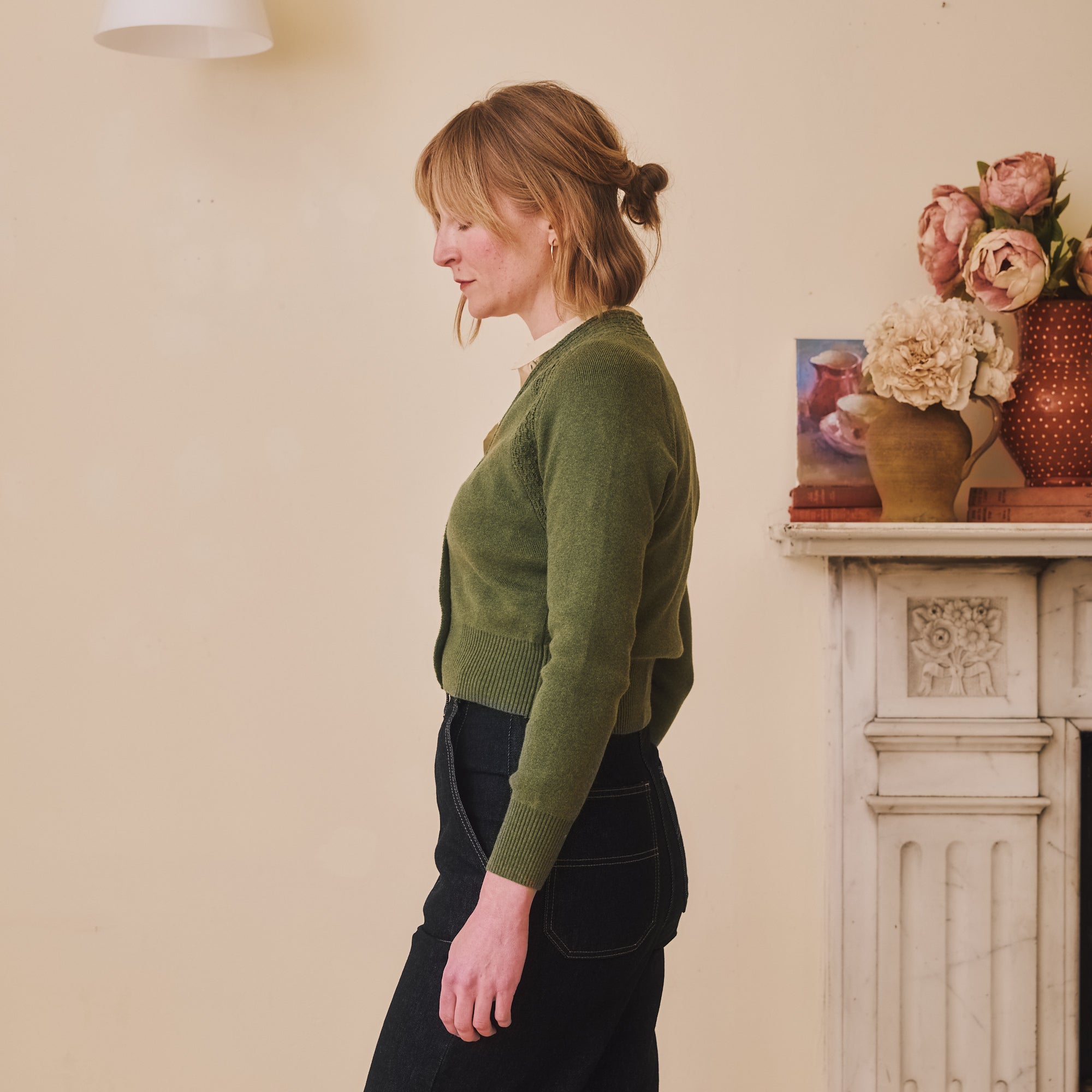 Cotton & Merino Cropped Cardigan - Olive Green