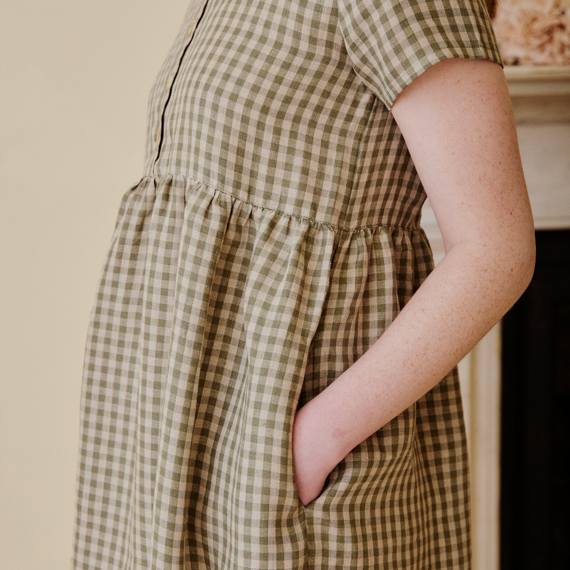Button Down Linen Dress - Olive Check