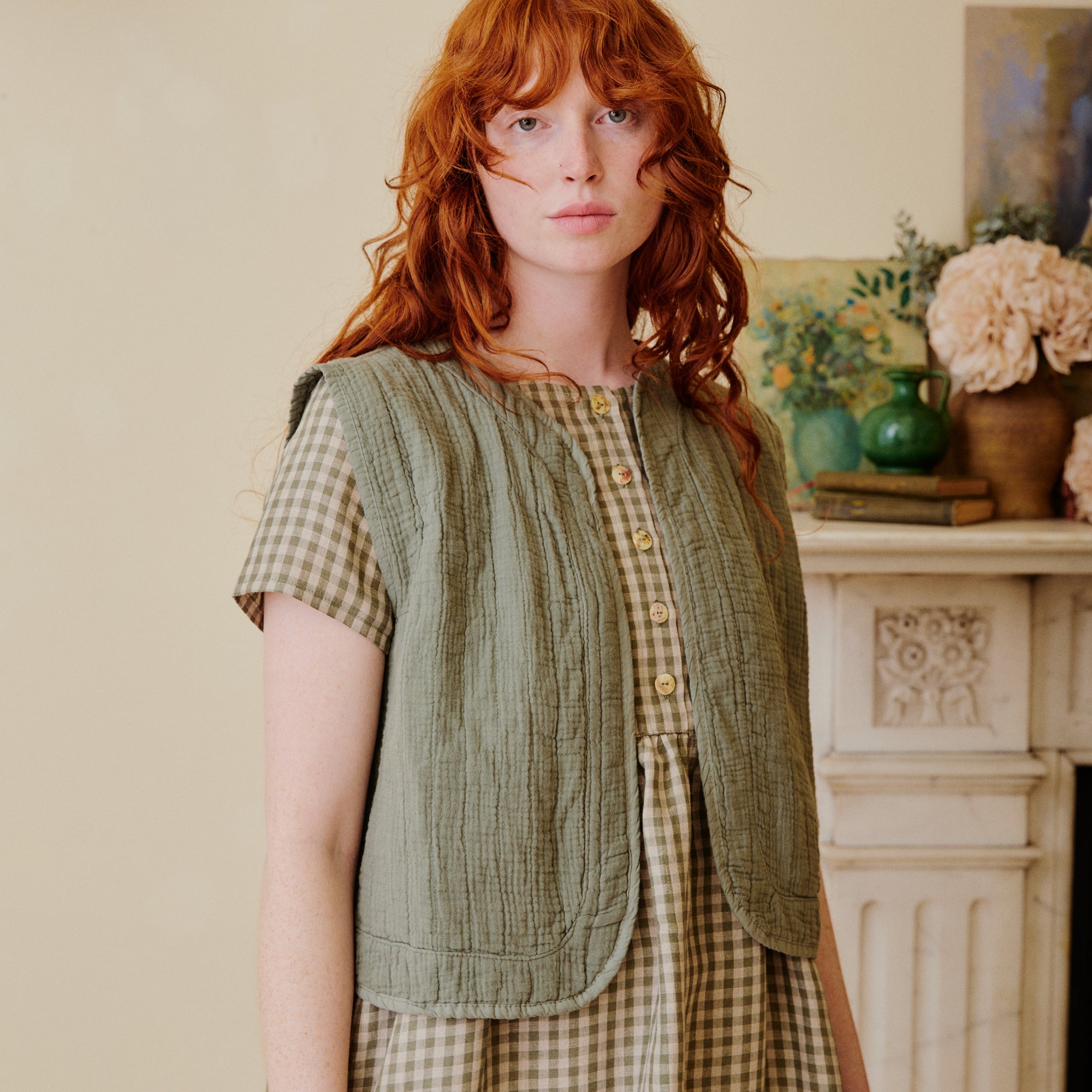 Green gingham dress with quilted waistcoat
