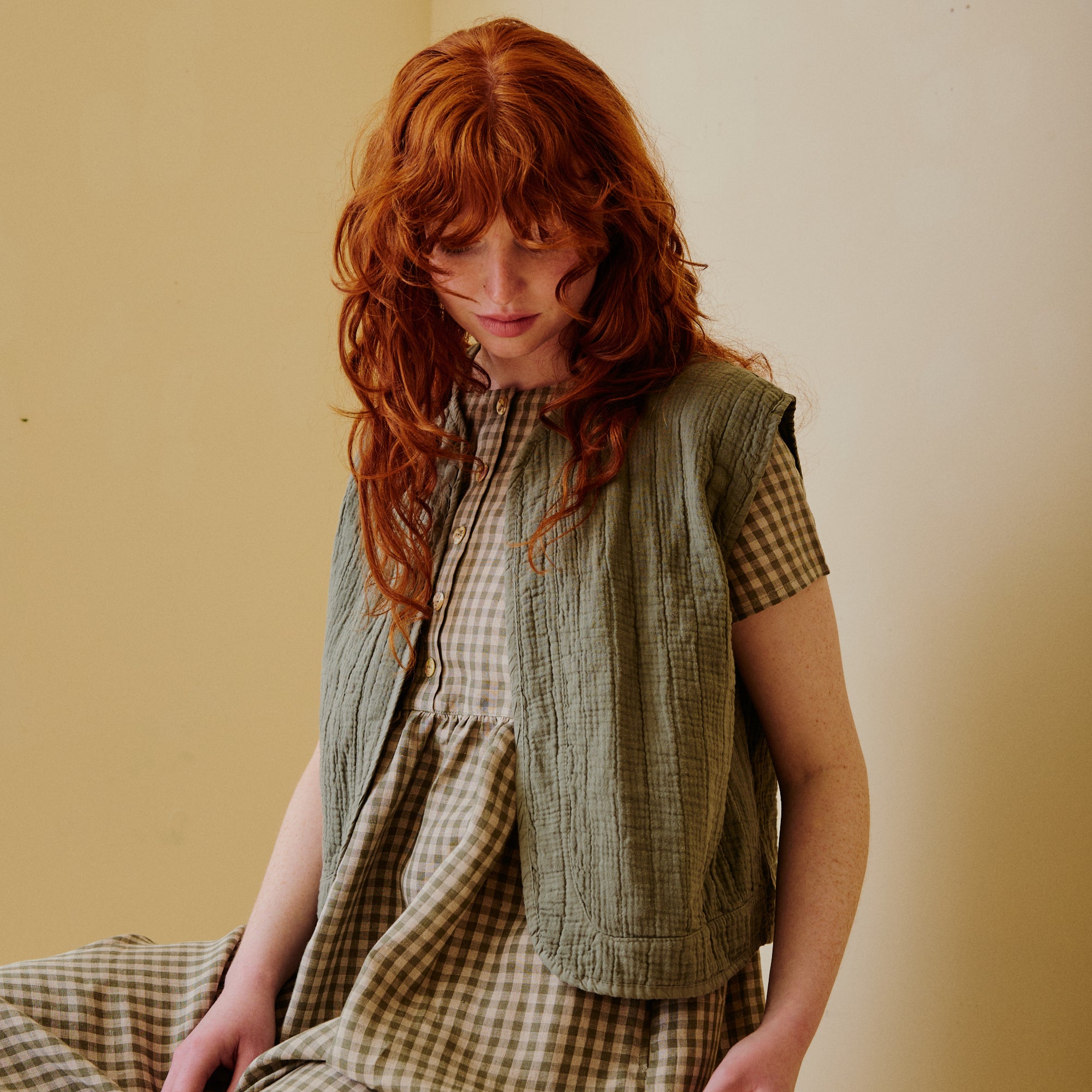 Button Down Linen Dress - Olive Check