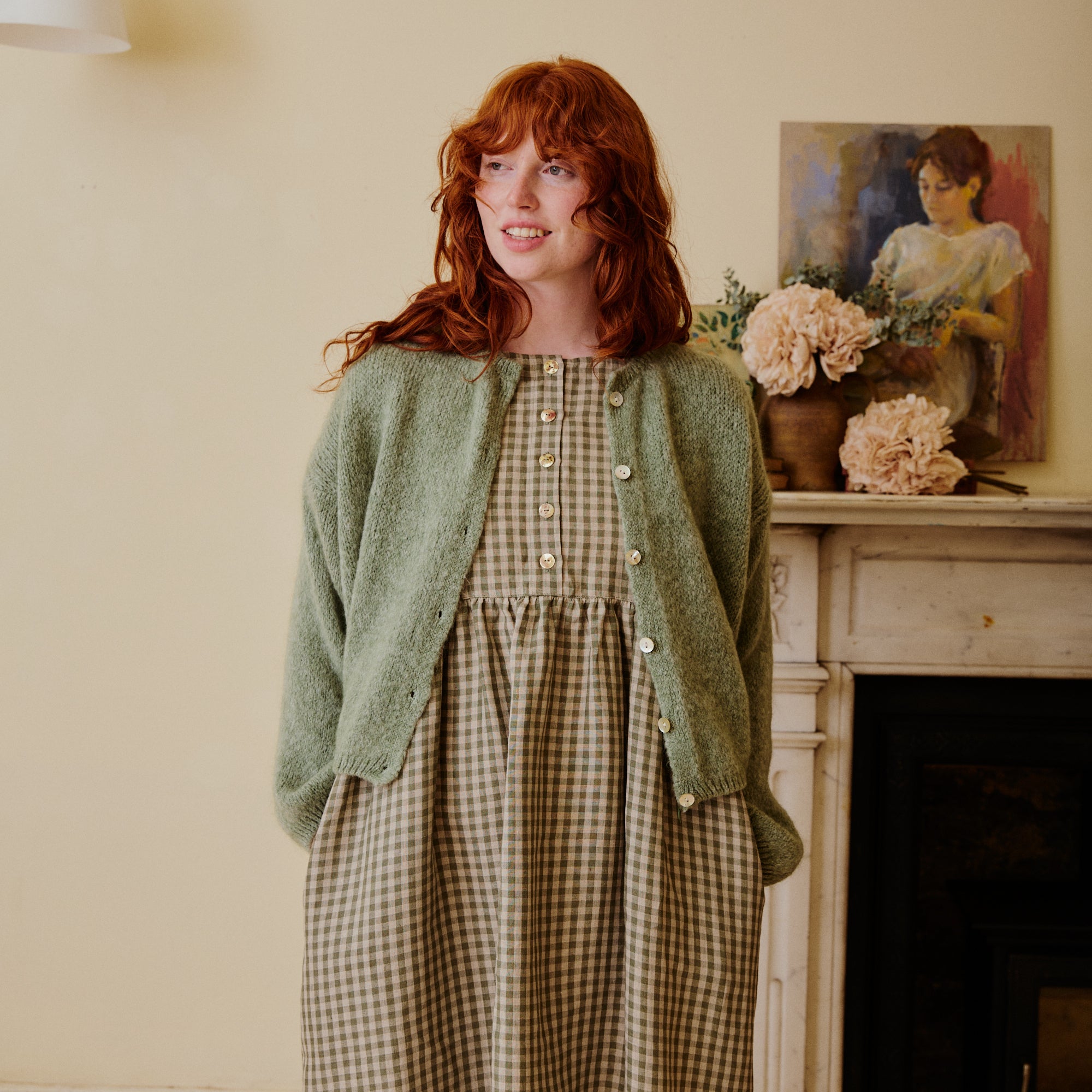 Green gingham linen dress with green mohair cardigan