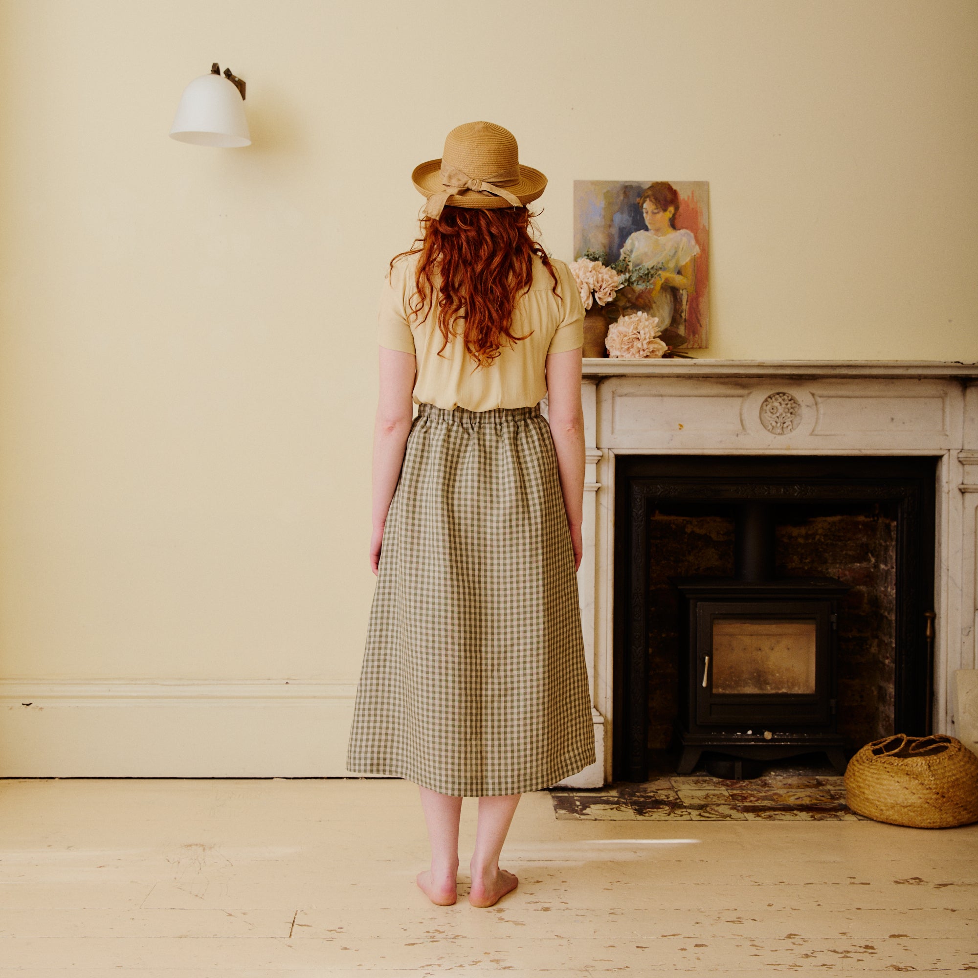 High Waisted Linen Skirt - Olive Check