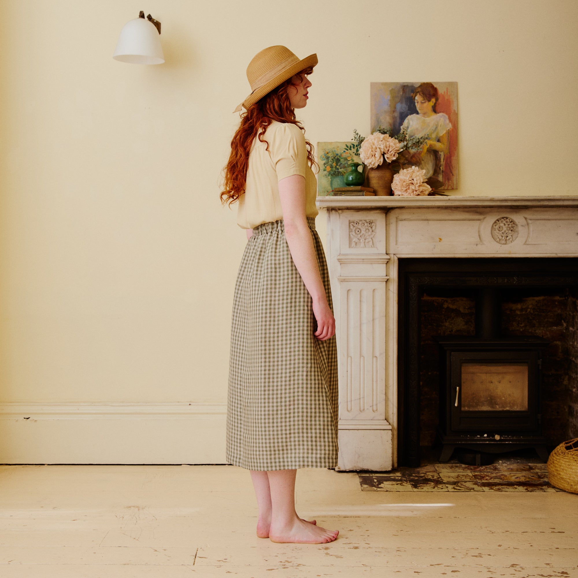 High Waisted Linen Skirt - Olive Check