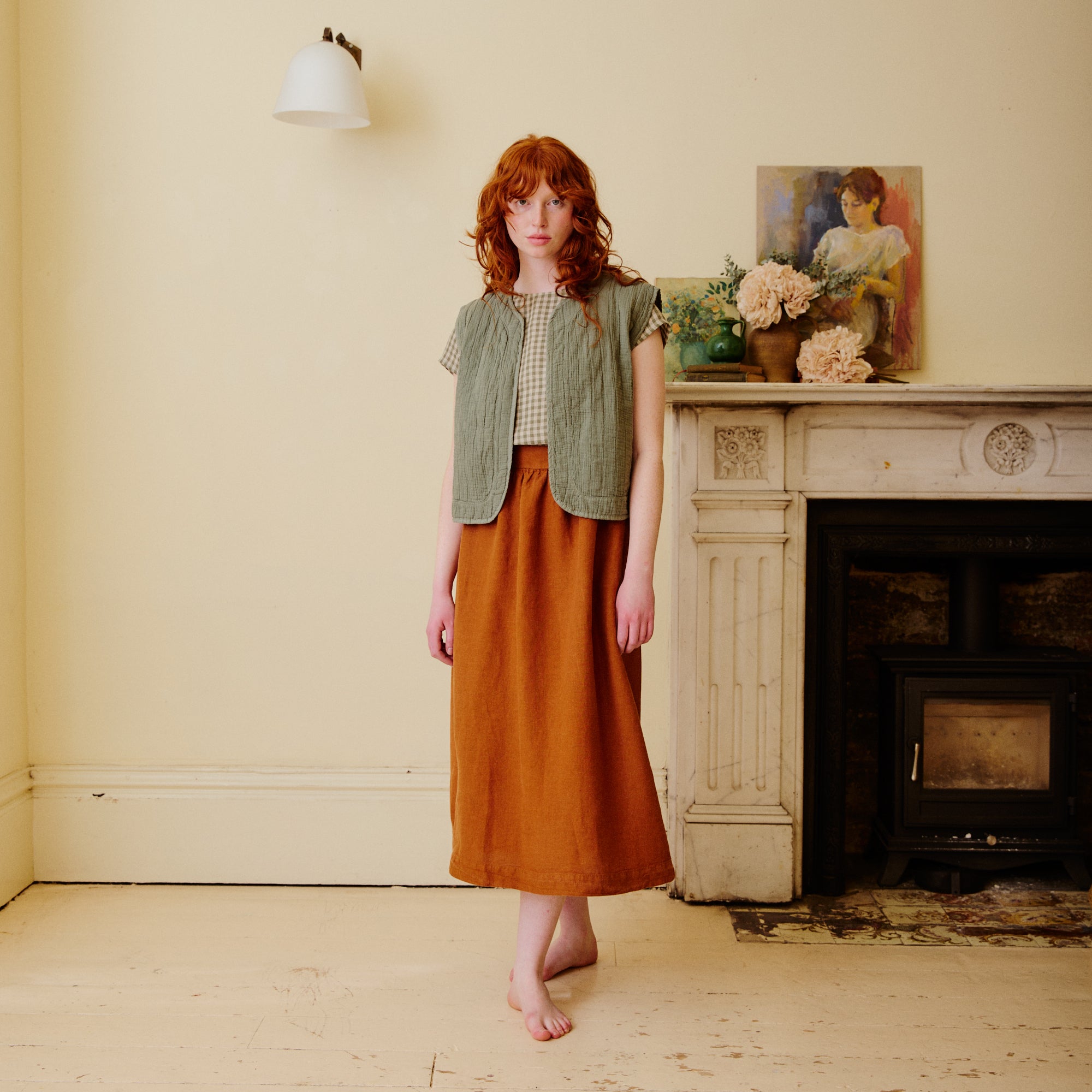 Quilted Cotton Waistcoat with linen midi skirt