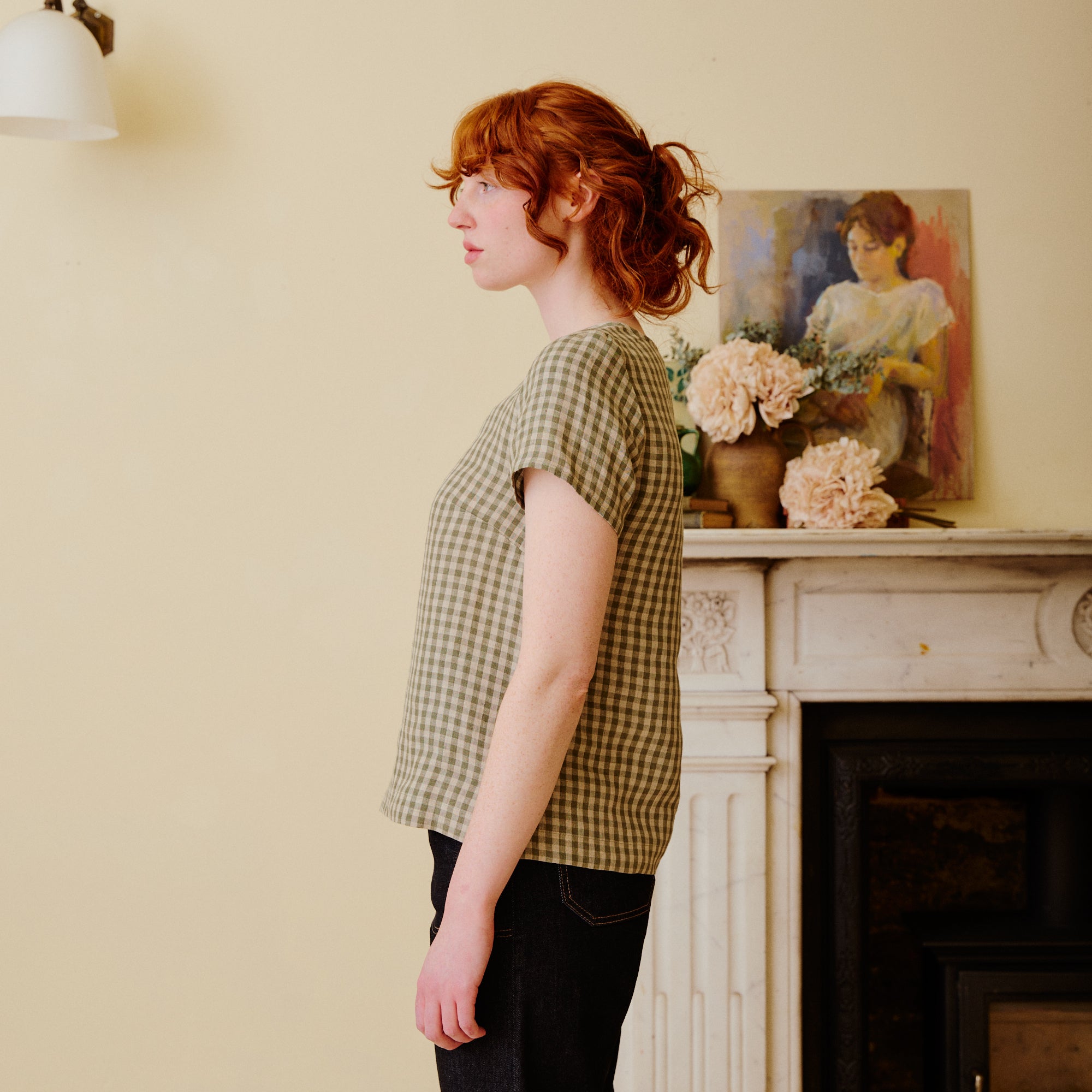 Linen Short Sleeve Top - Olive Check