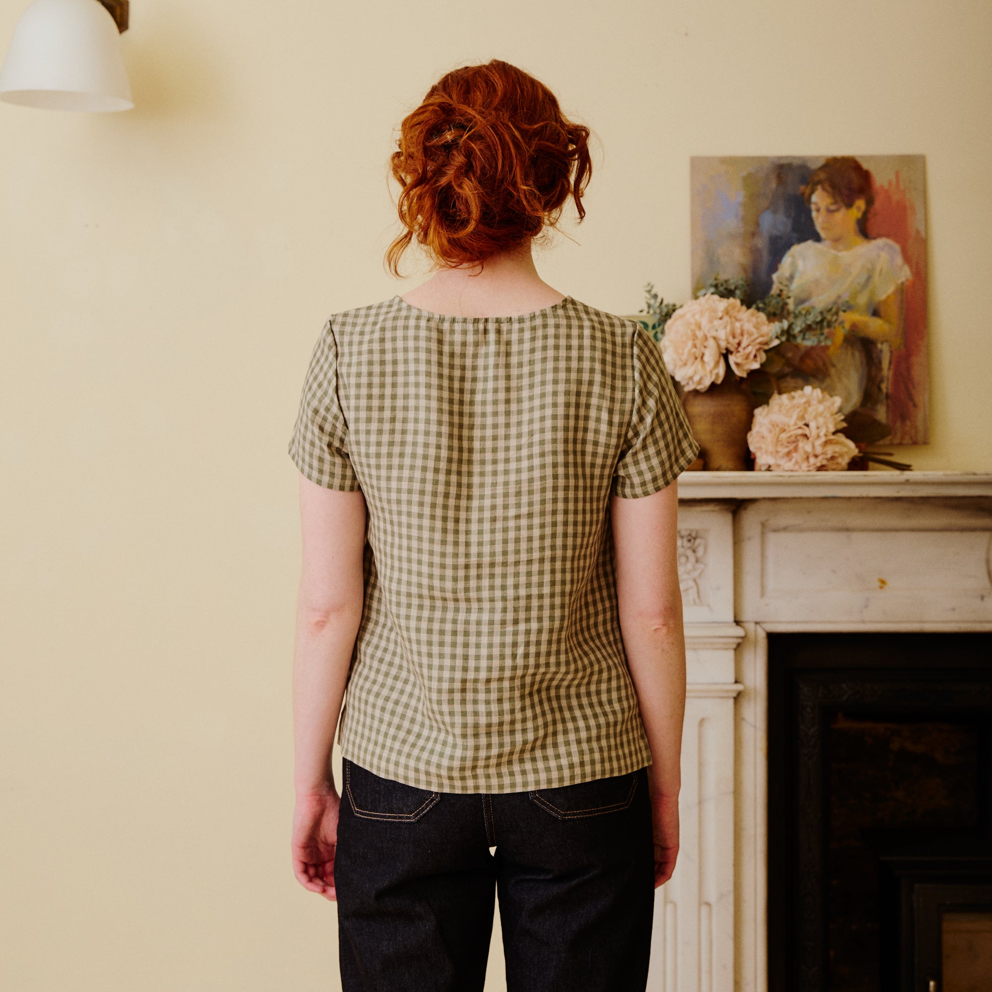 Linen Short Sleeve Top - Olive Check