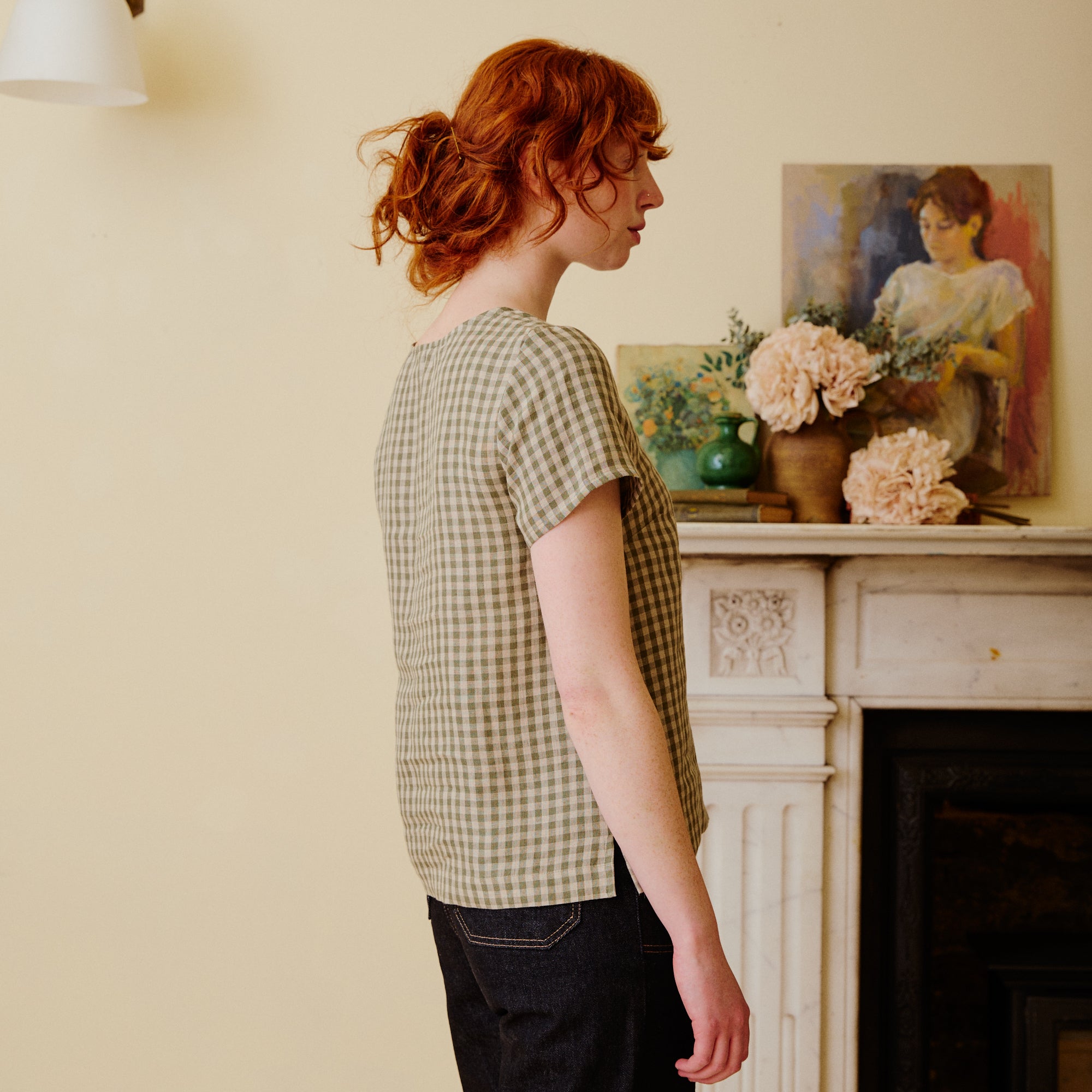 green check Linen Short Sleeve Top - Olive Check