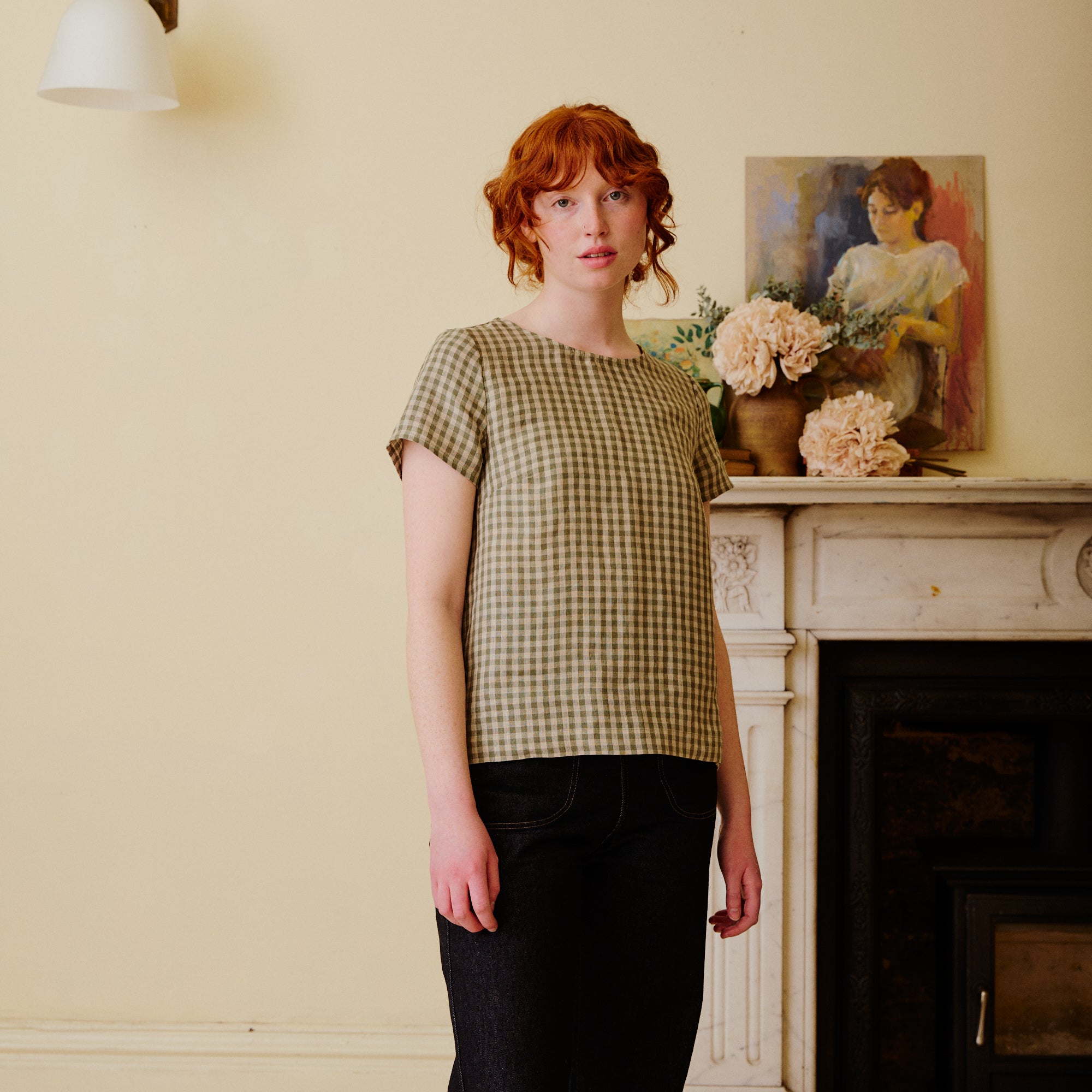 Green gingham linen top