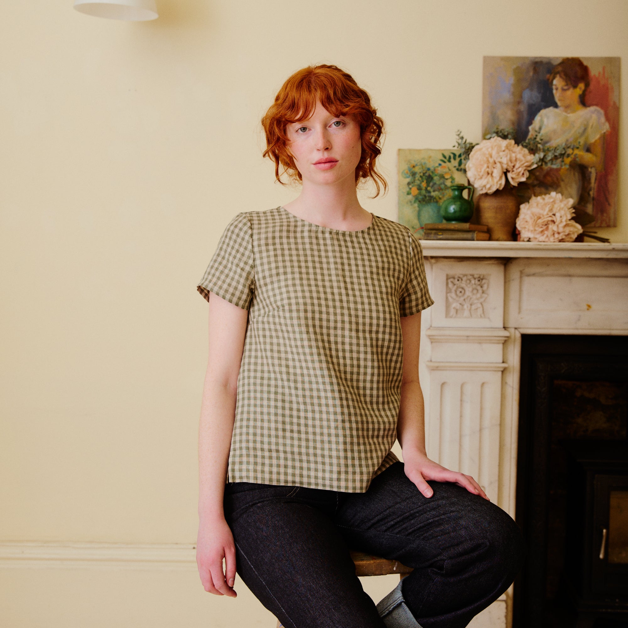 Linen Short Sleeve Top - Olive Check