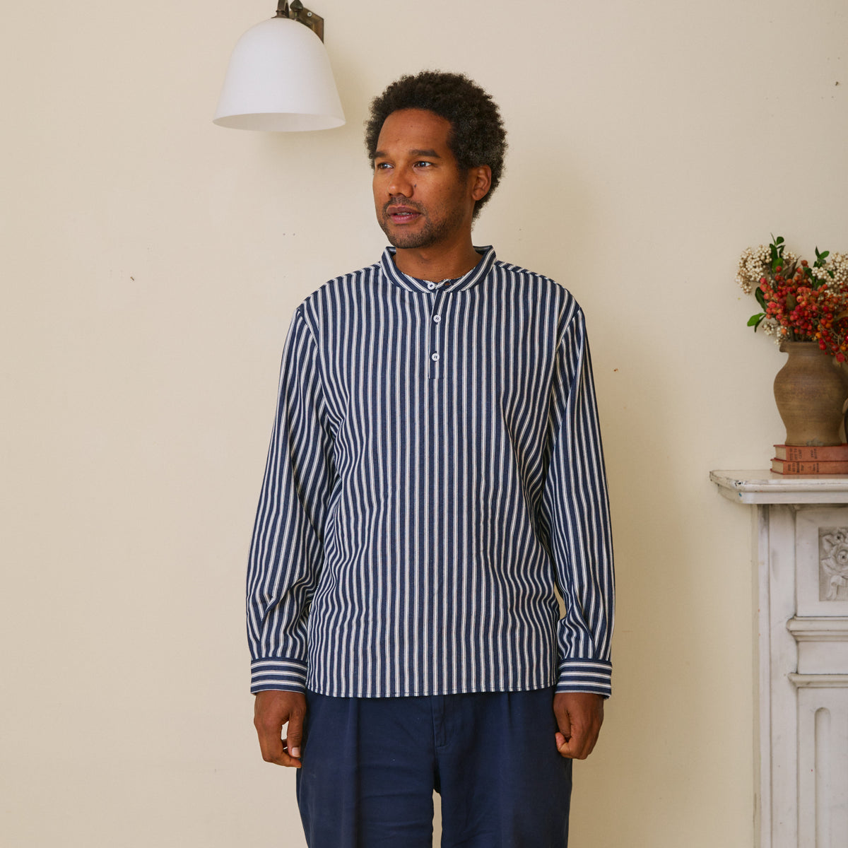 Unisex Navy Herringbone Work Shirt Striped