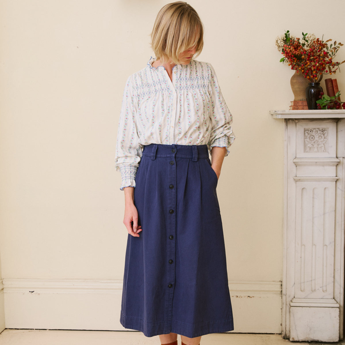 Herringbone Cotton Twill Skirt - Navy