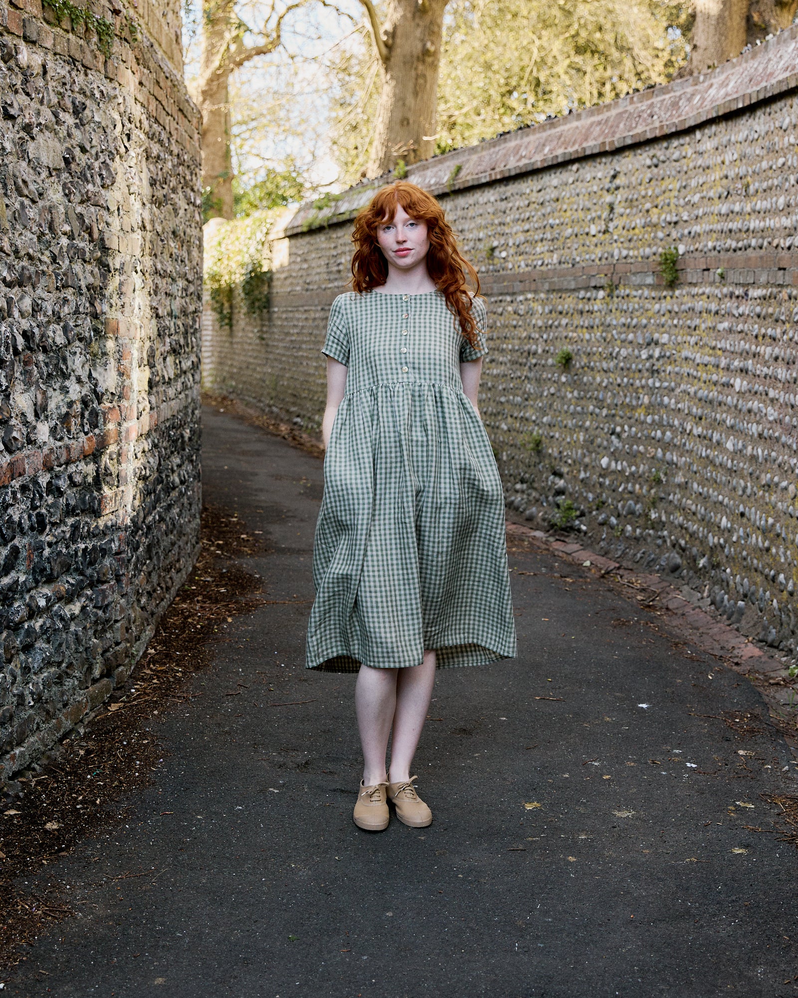 Button Down Linen Dress - Olive Check