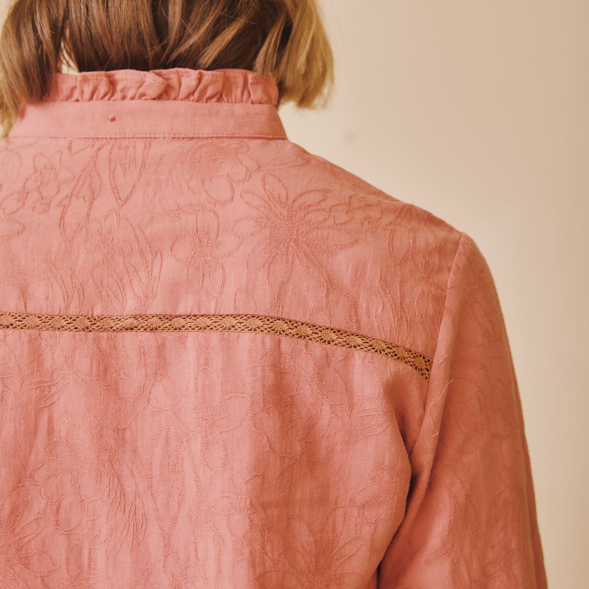 Cotton Pleated Blouse - Rose Pink lace detial