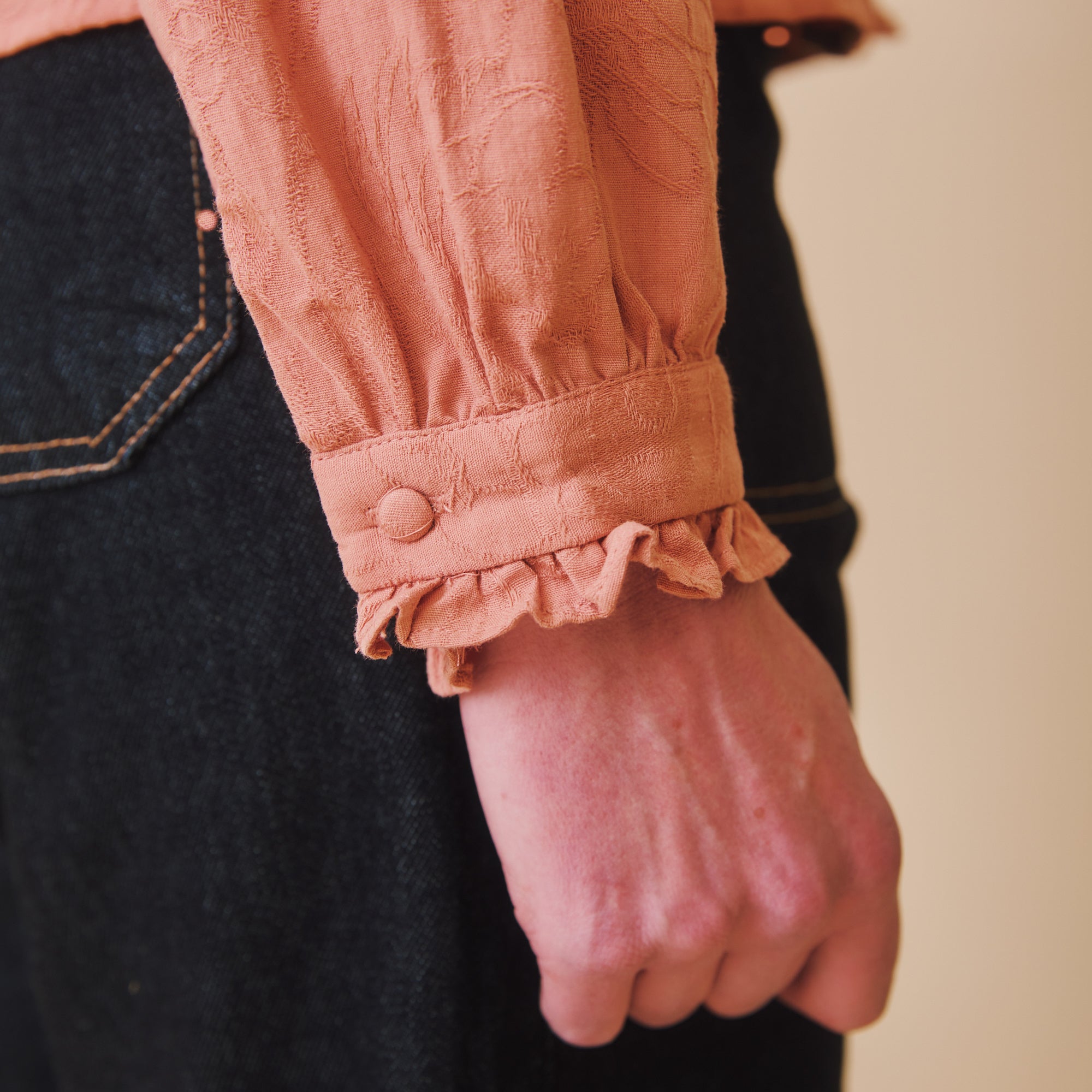 Cotton Pleated Blouse - Rose Pink frill cuff detail