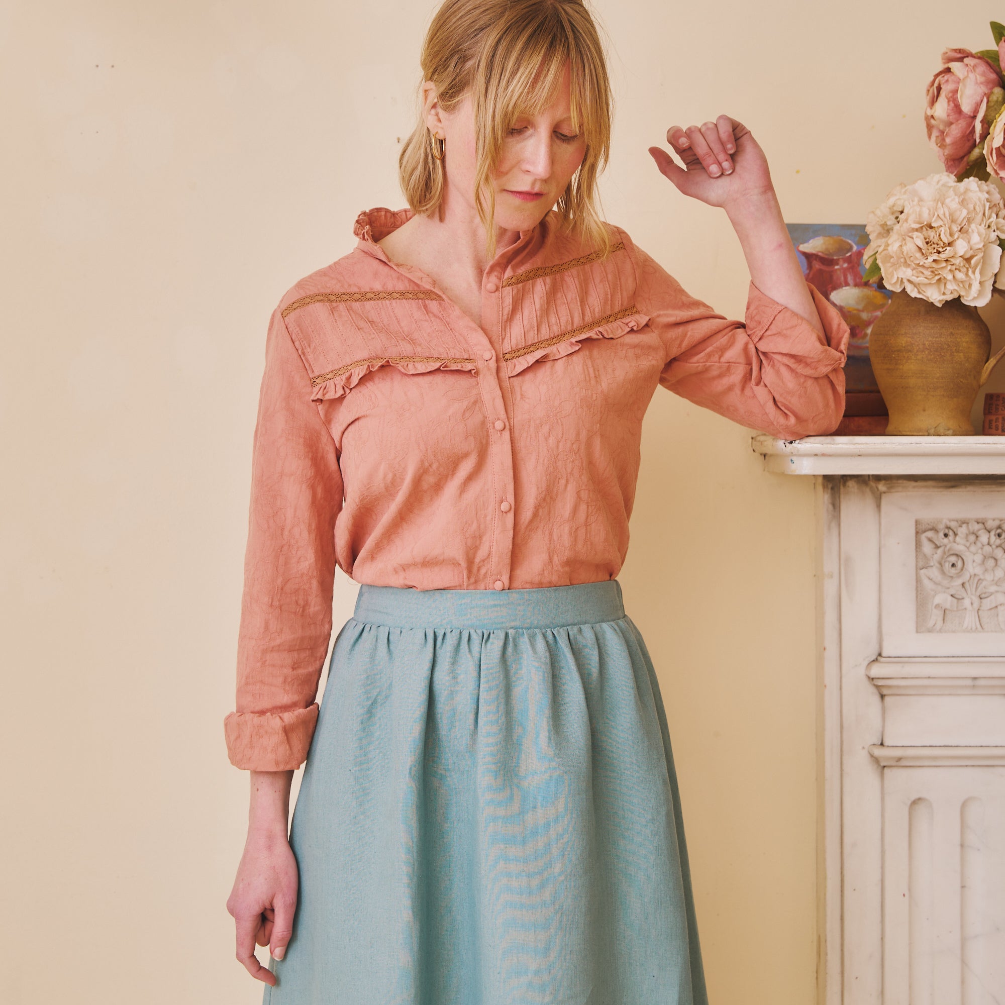 High Waisted LCotton Pleated Blouse - Rose Pinkinen Skirt - Duck Egg