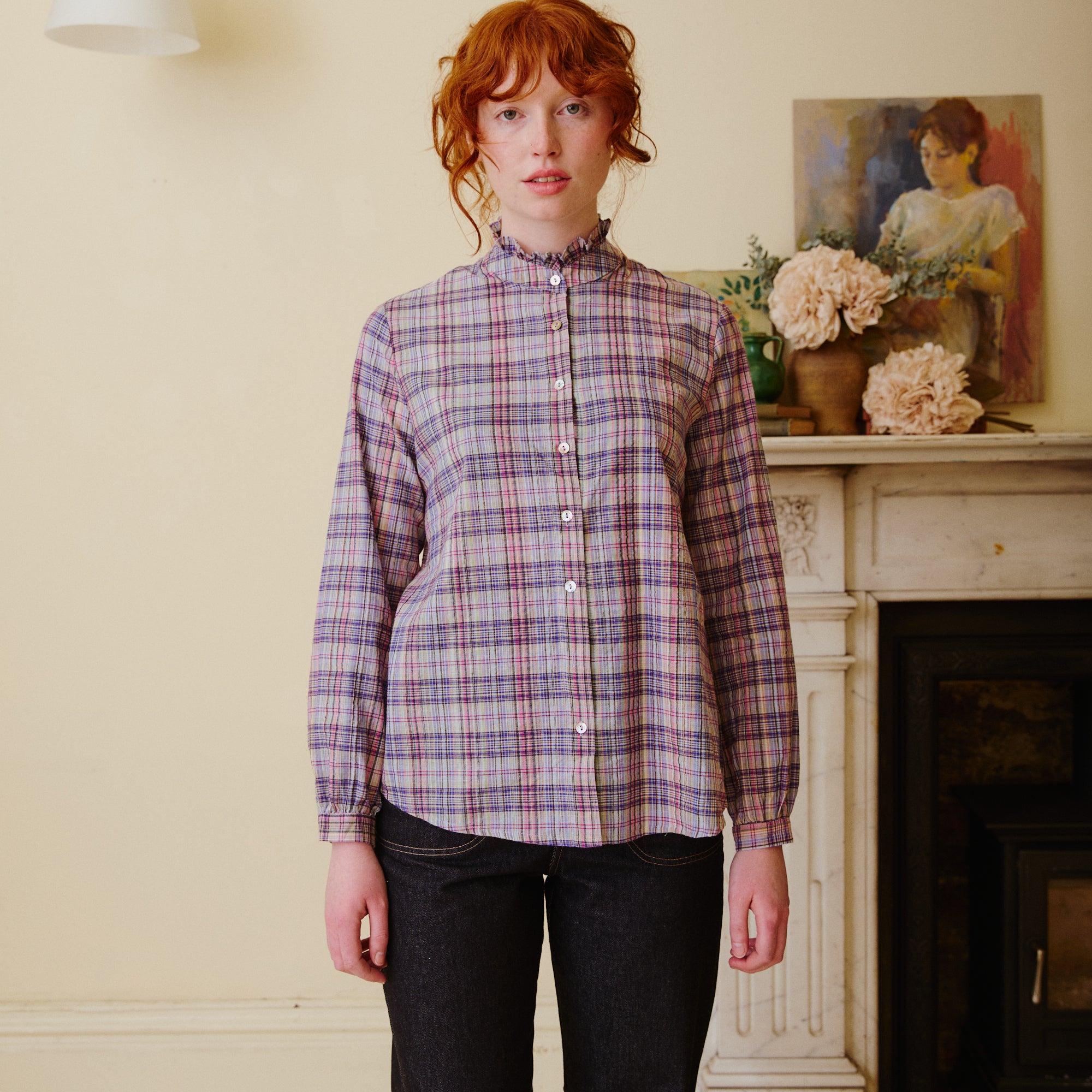 Checked Lilac Ruffle Collar Blouse