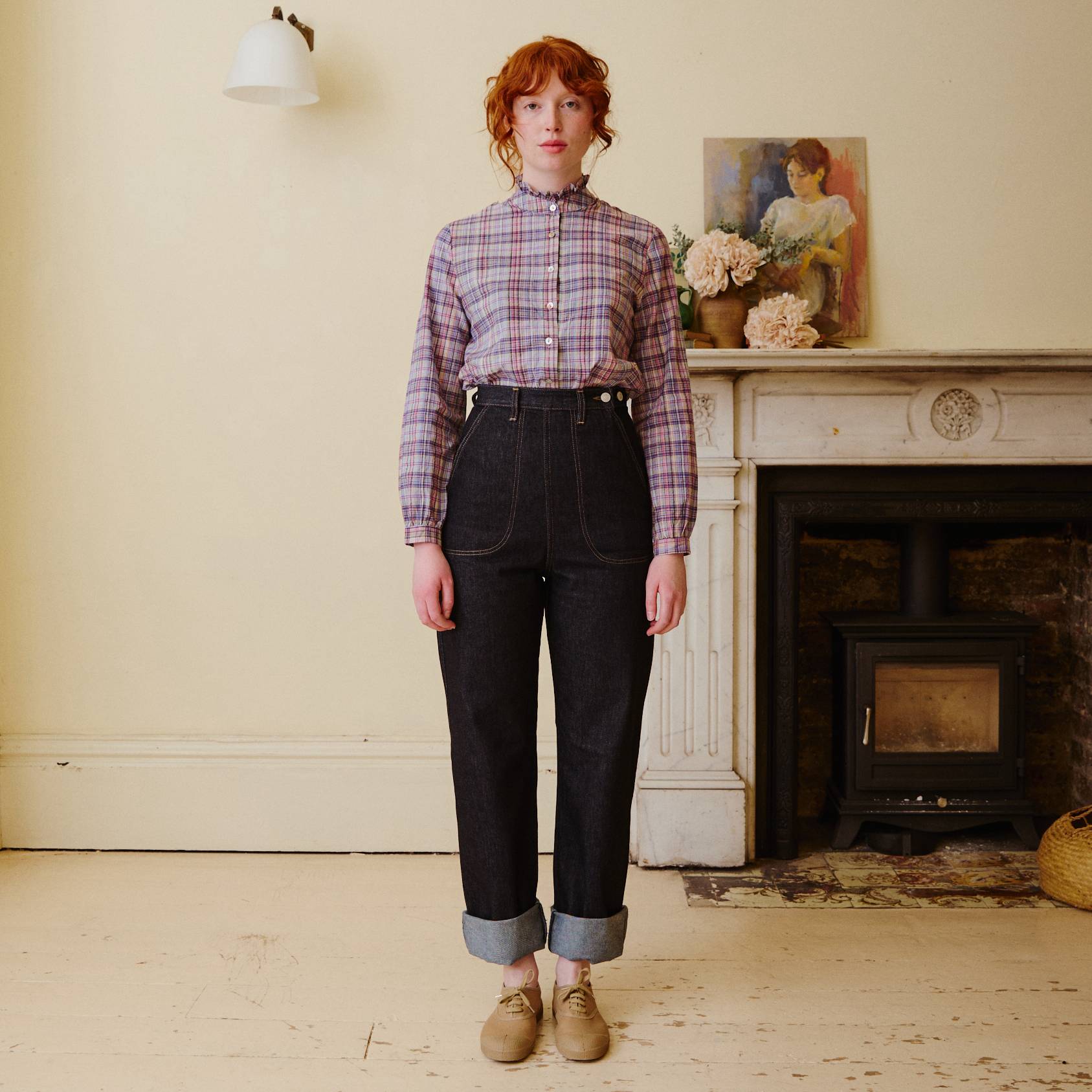 Plaid Lilac Ruffle Collar Blouse