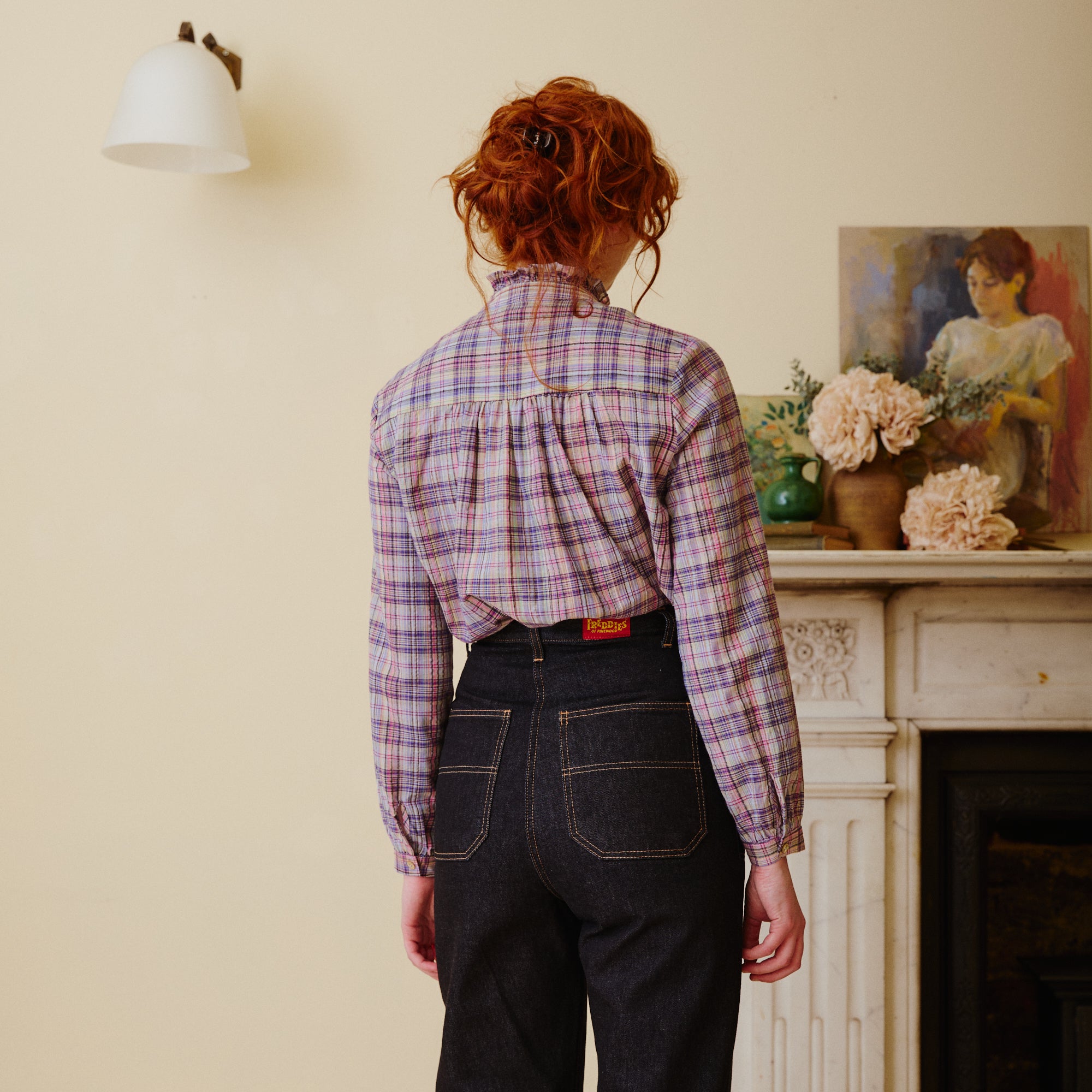 Plaid Lilac Ruffle Collar Blouse back view