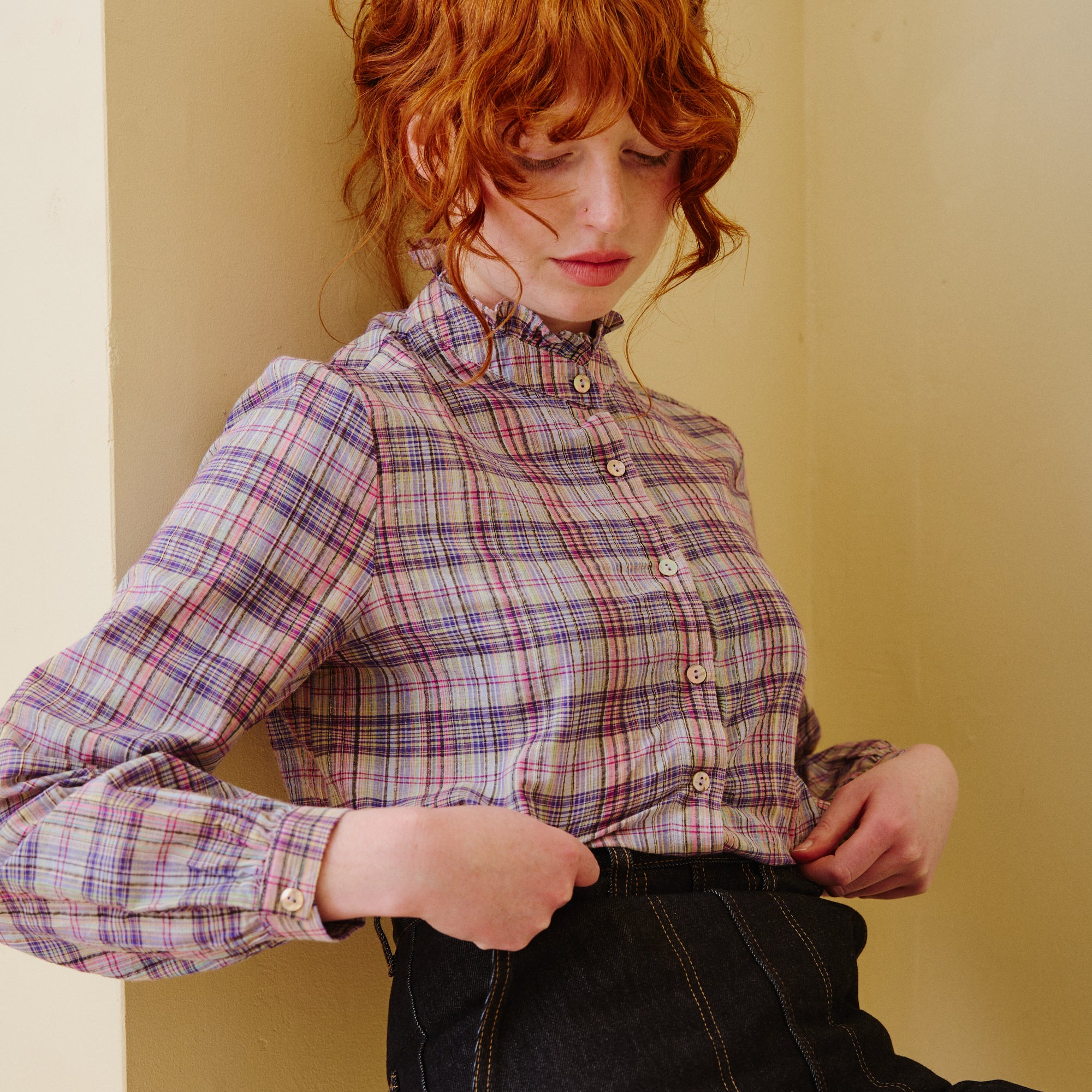 Purple and pink check blouse