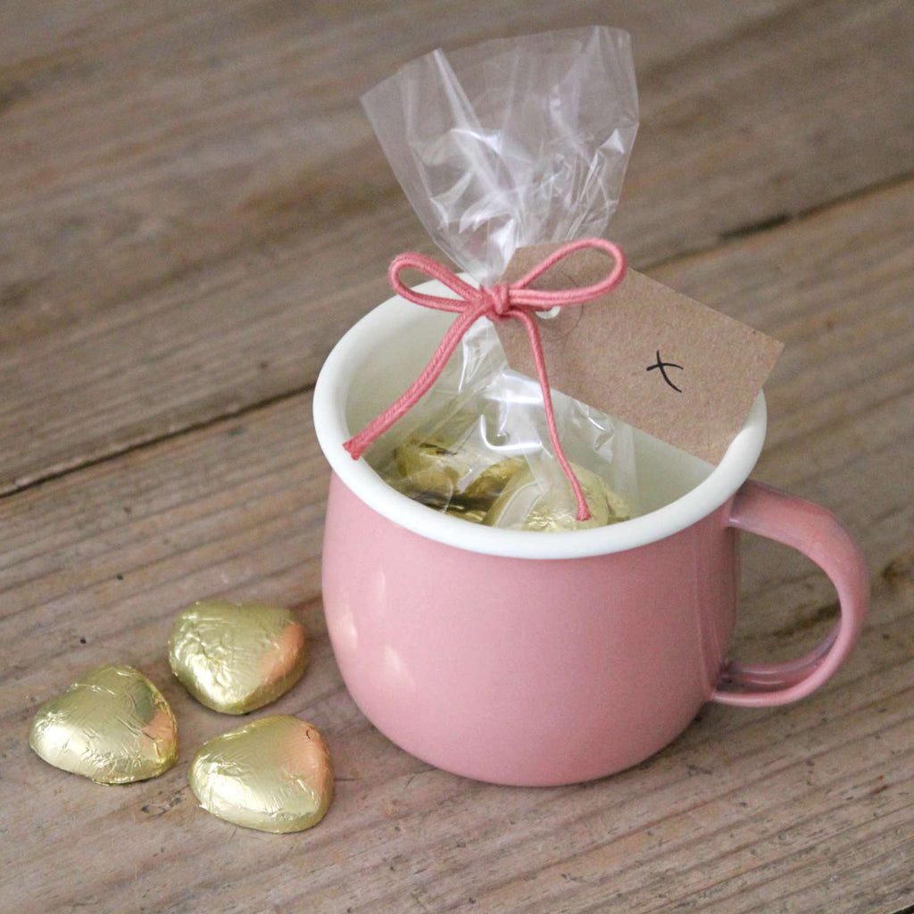 Valentines Gift - Rose Pink Rounded Enamel Mug with Gold Heart Milk Chocolates