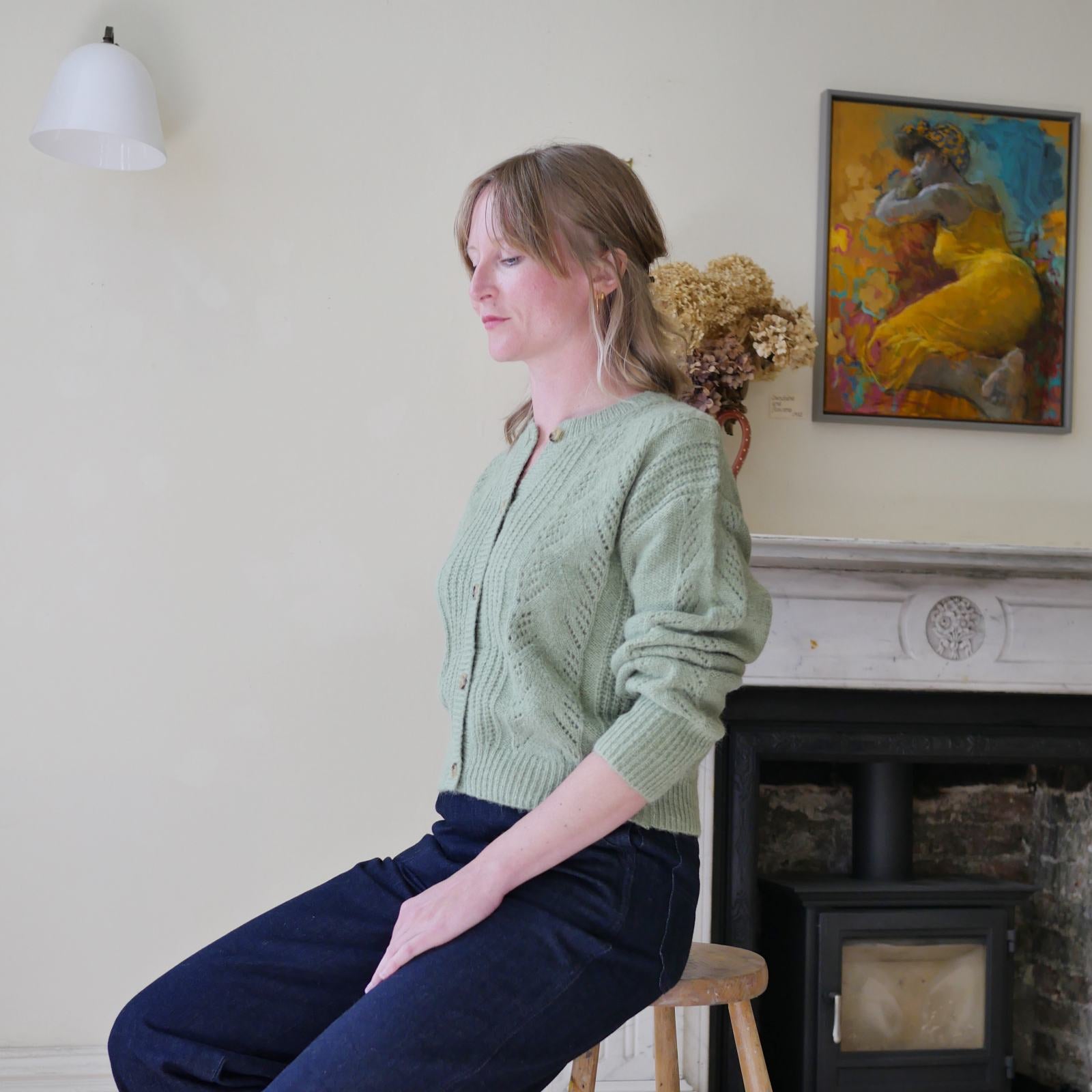 Women's knitwear Pointelle Cardigan in Sage Green