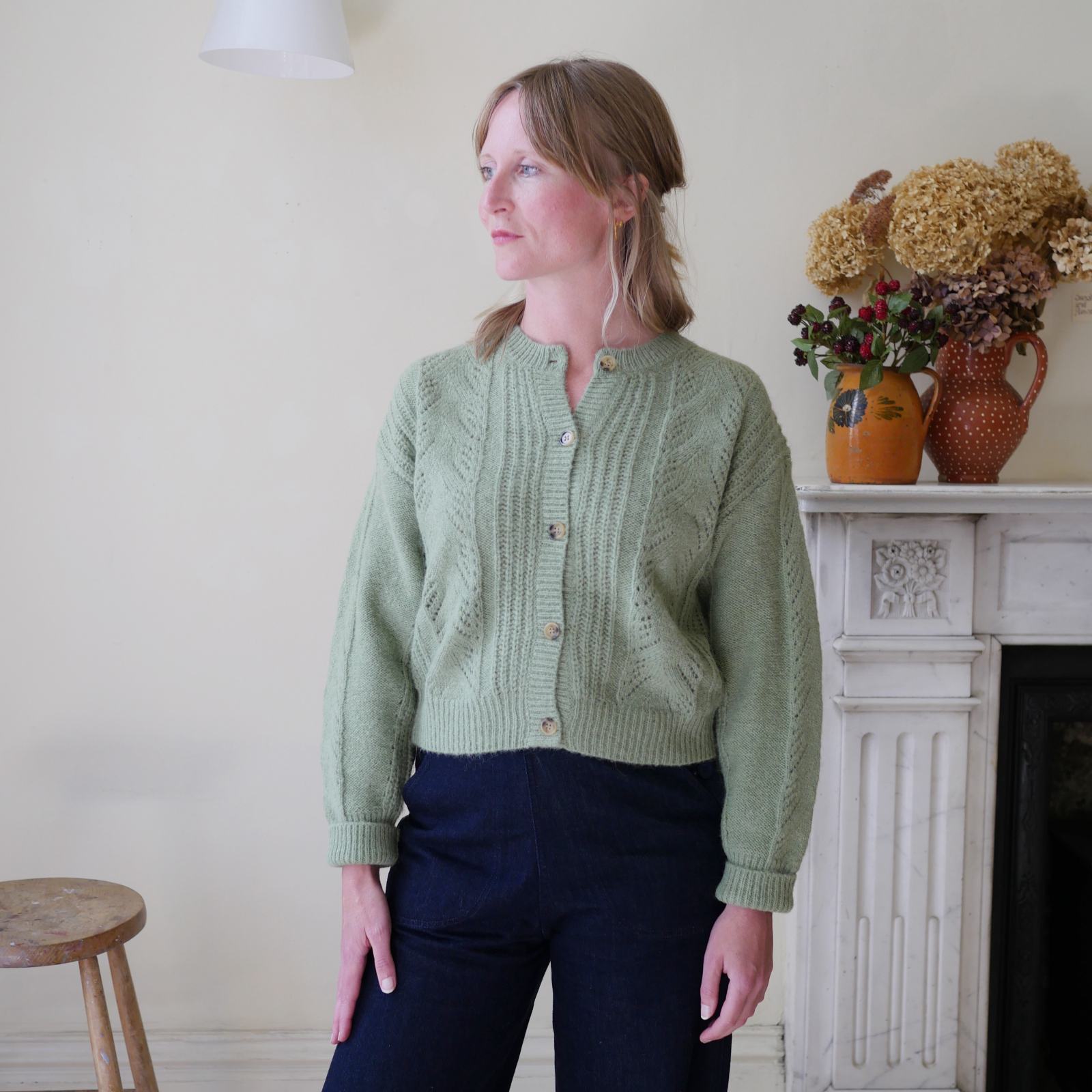Women's knitwear Pointelle Cardigan in Sage Green