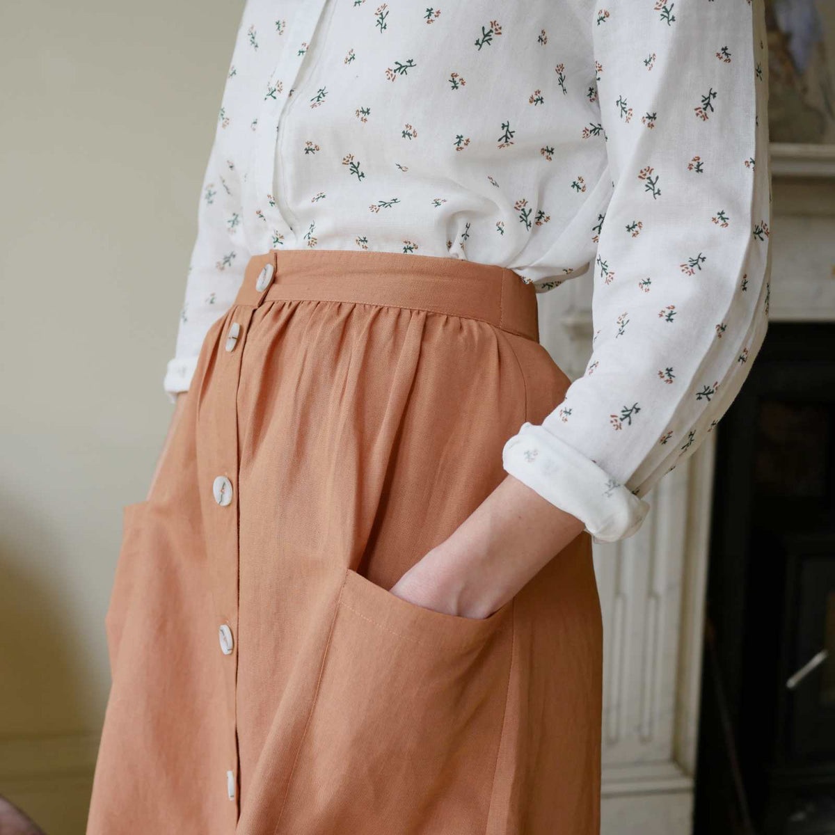 High Waisted Button Skirt Clay