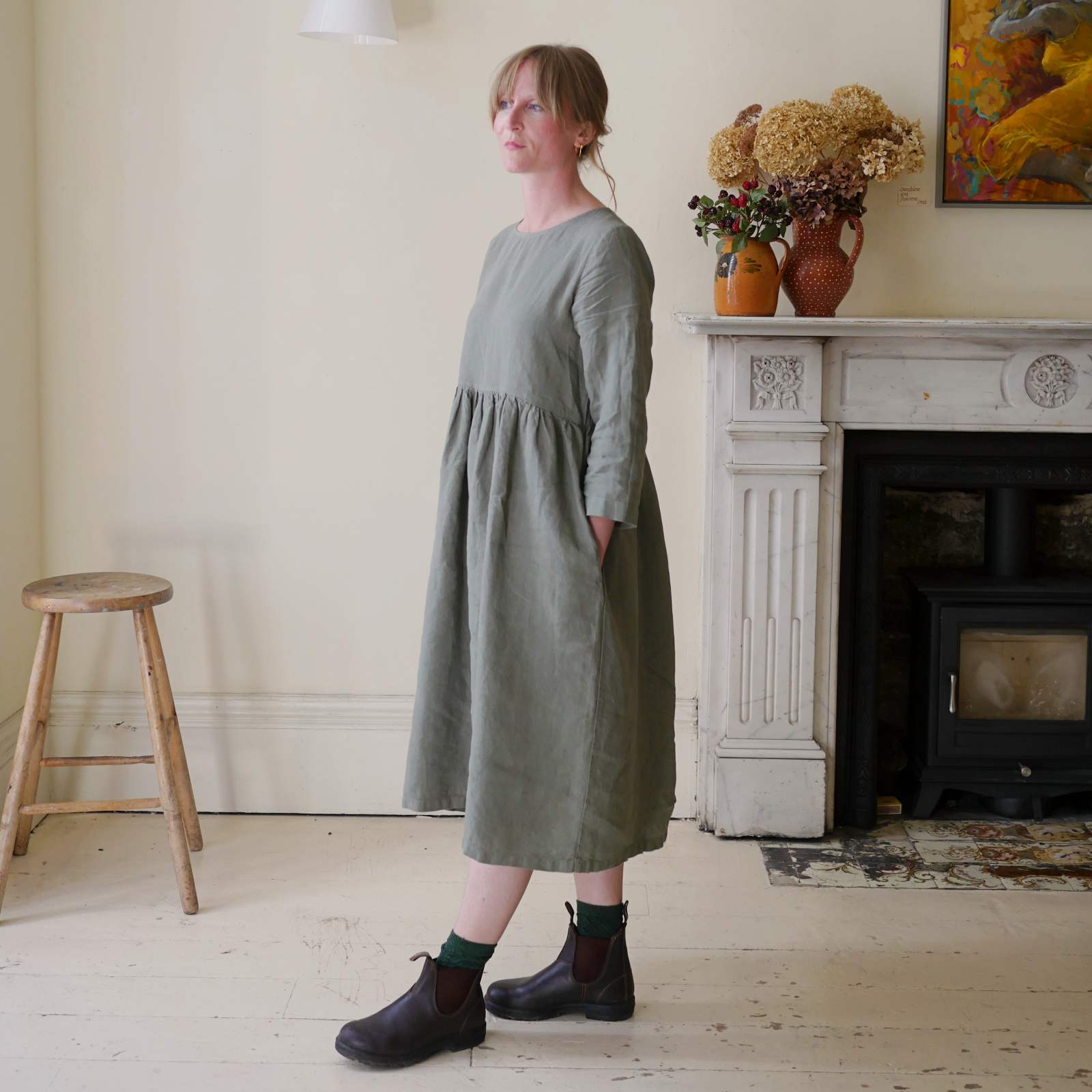 Handmade Linen Smock Dress in Olive
