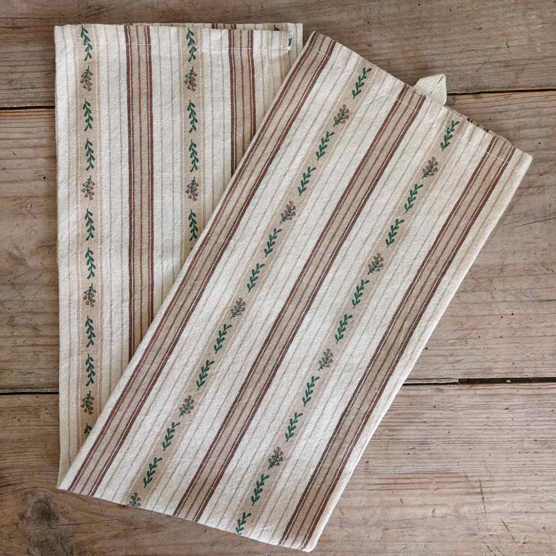 Cotton Tea Towel - Striped with Leaves and Berries
