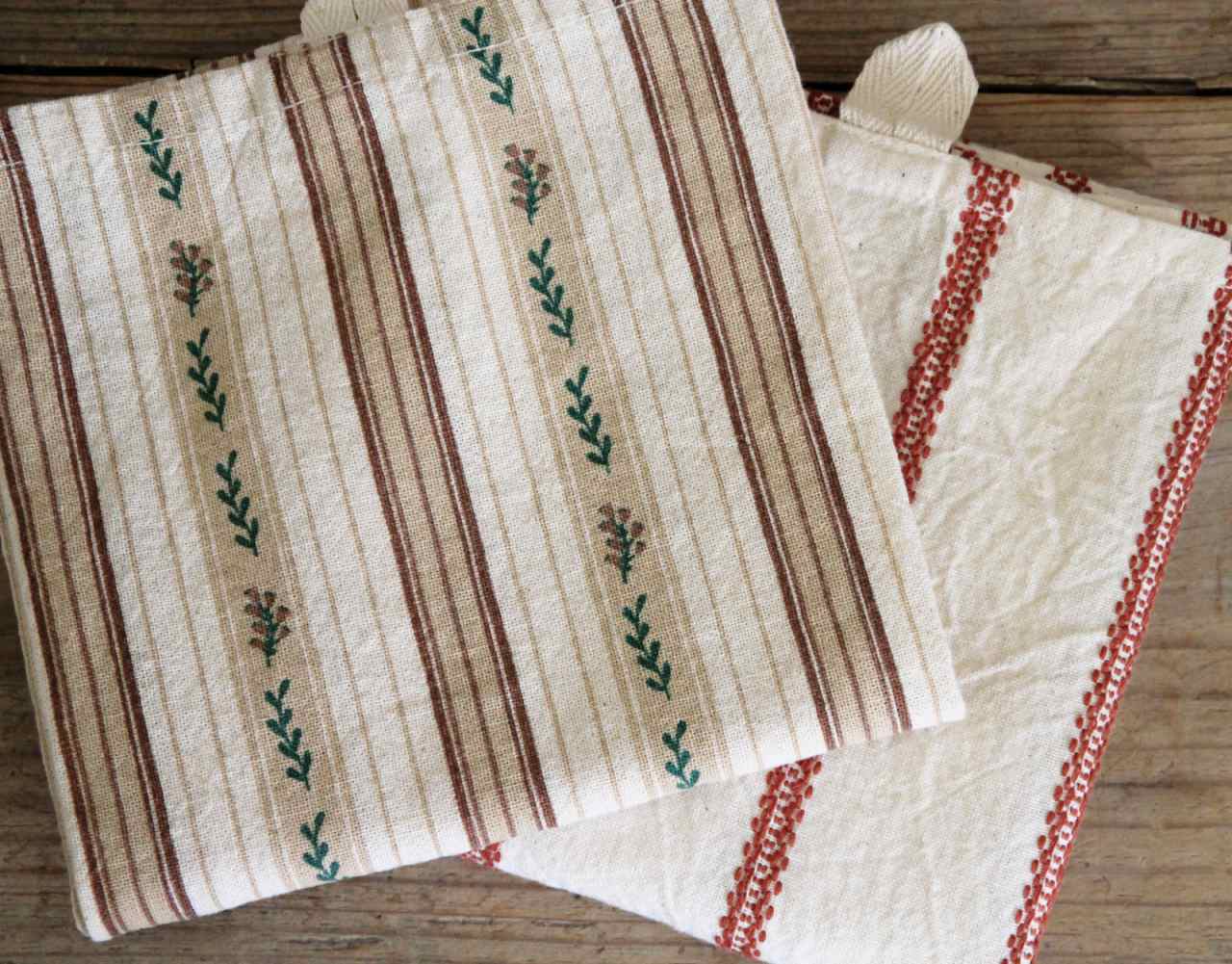 Striped cotton Tea Towels with embroidery