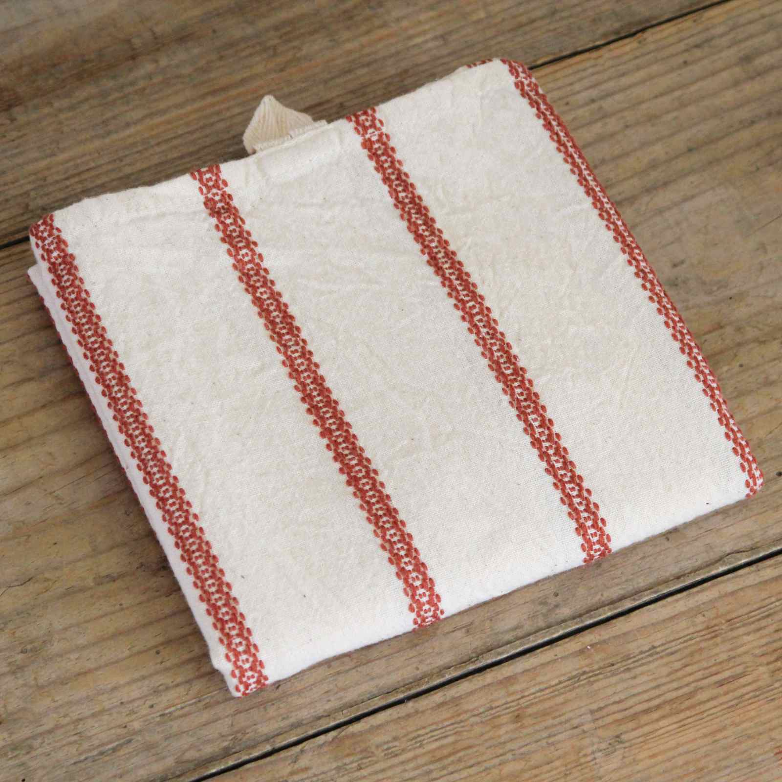 Cotton Tea Towel - Natural with Embroidered Rust Stripes