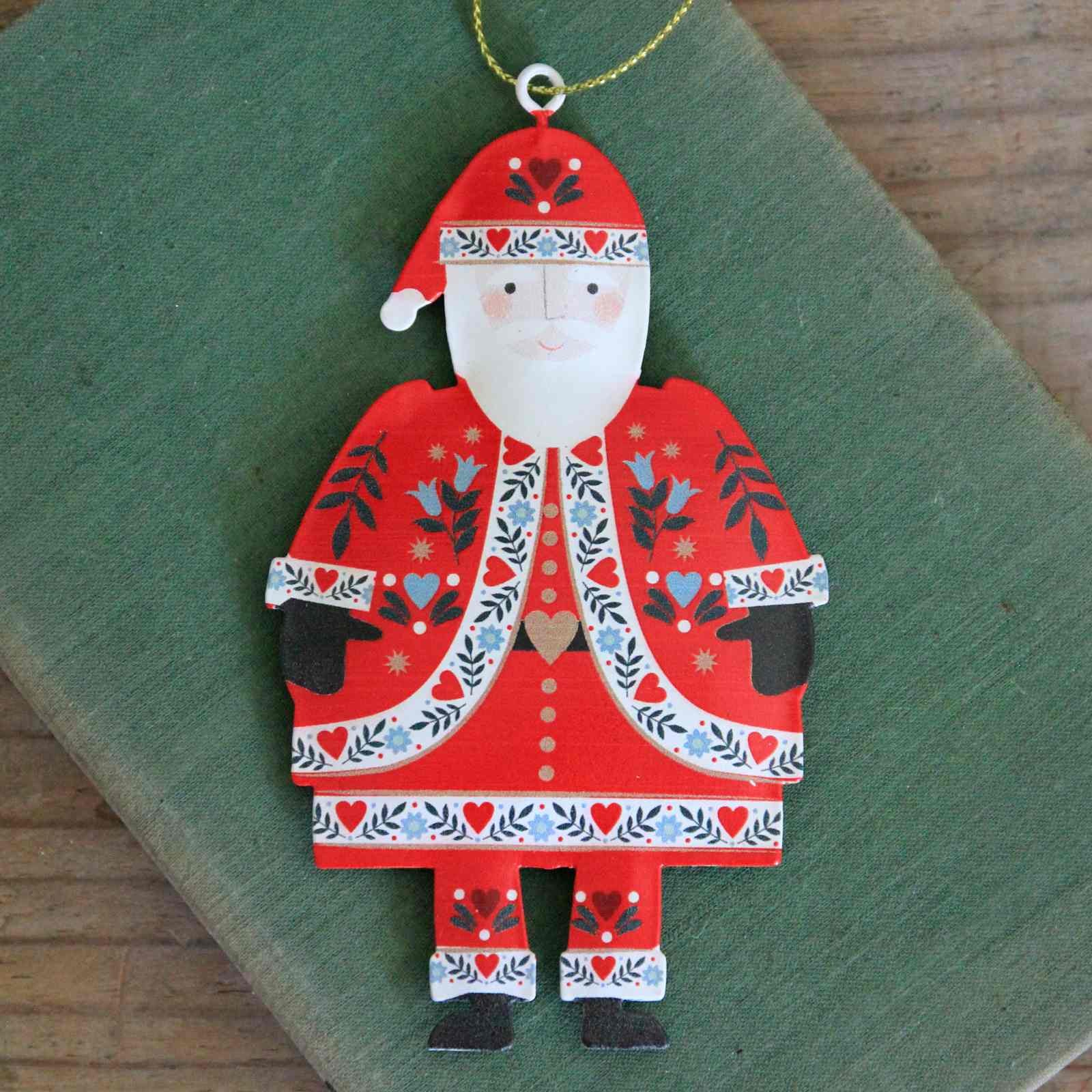 Floral Folk Tin Santa Decoration