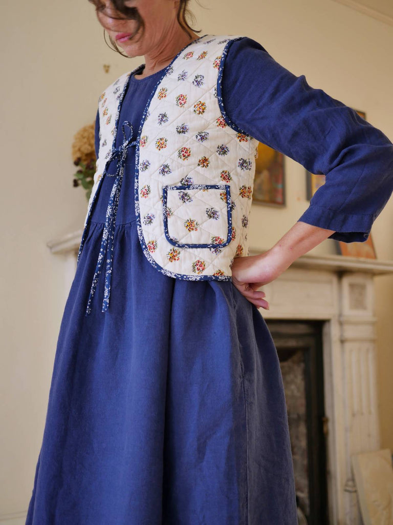 Handmade Linen Smock Dress in Navy with waistcoat
